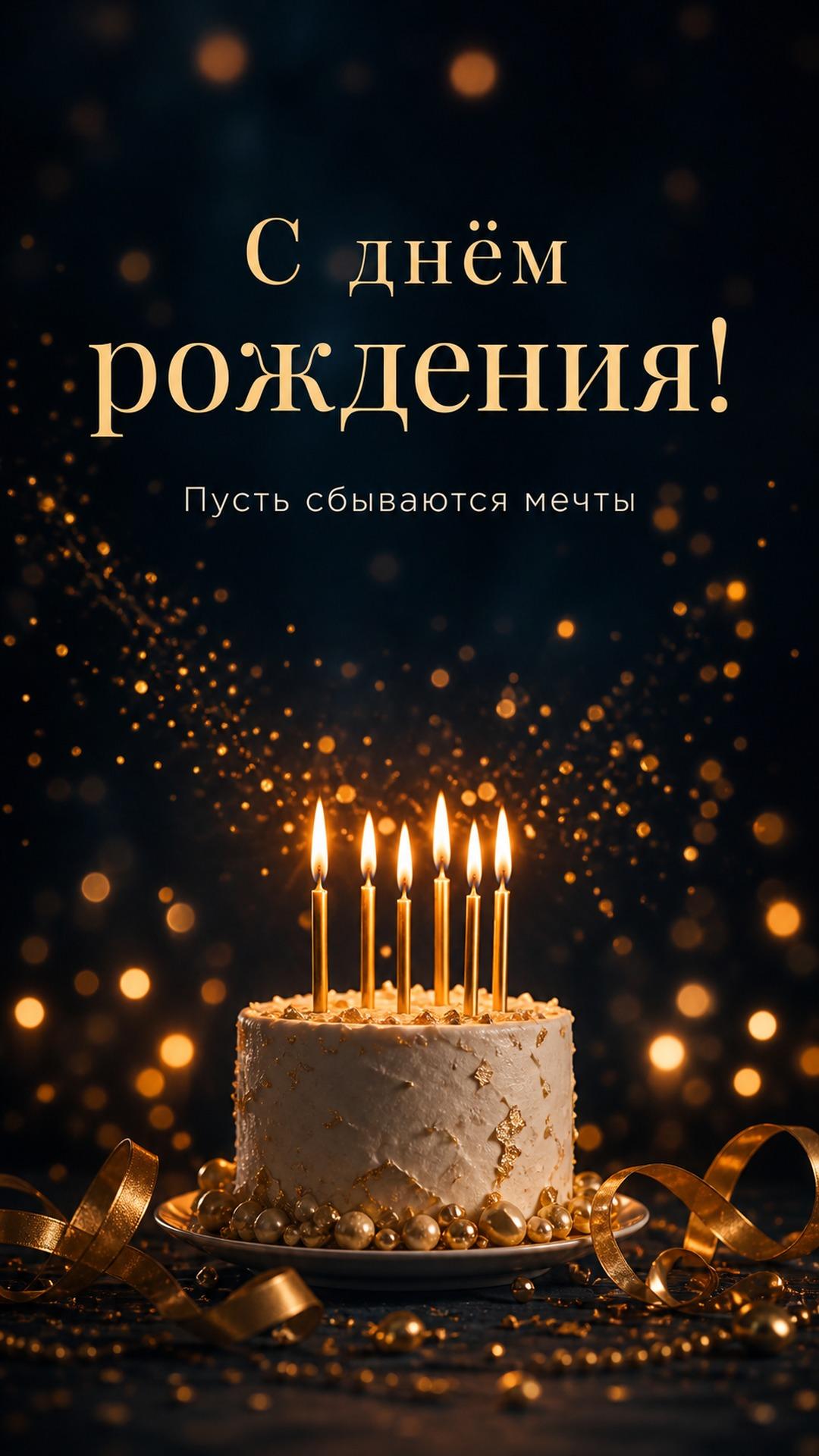 Открытка с днём рождения с тортом и свечами: торт со свечами, золотые искры и глубокий тёмно-синий фон. Текст: «С днём рождения!. Пусть сбываются мечты».
