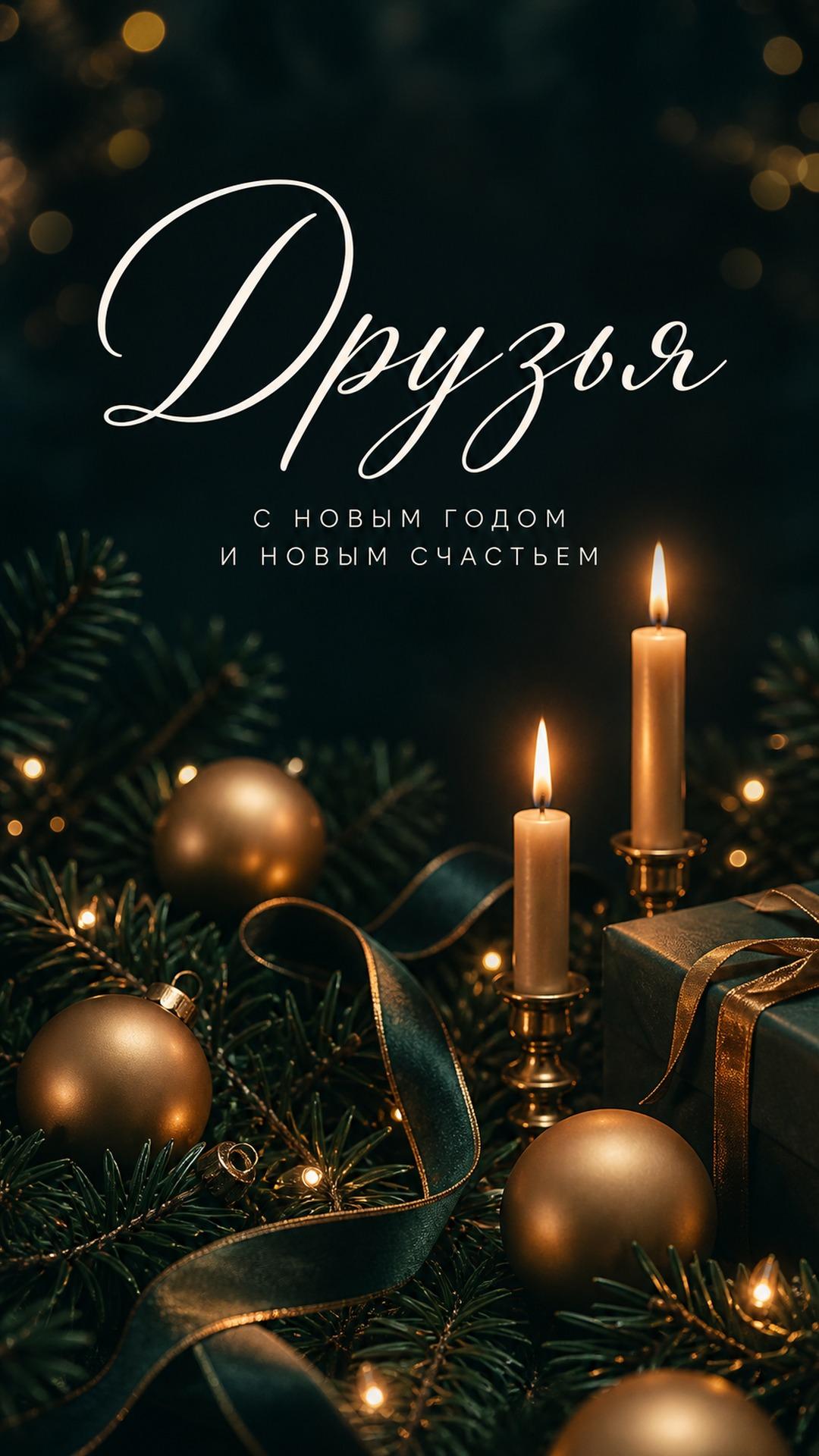 Новогодняя открытка друзьям: тёмная еловая композиция, золотые шары, свечи, ленты и подарки. Текст: «Друзья. С НОВЫМ ГОДОМ. И НОВЫМ СЧАСТЬЕМ».