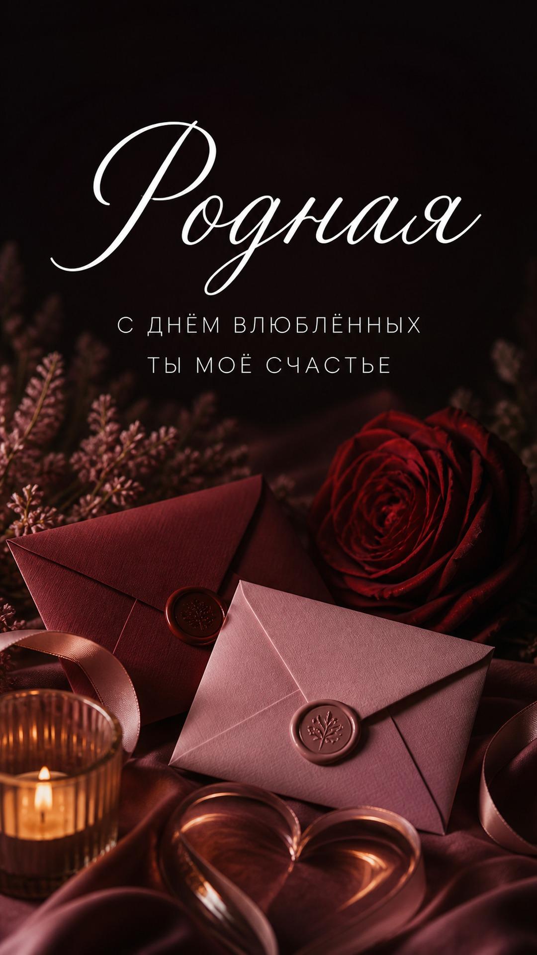 Открытка любимой на День влюблённых: алая роза, запечатанное письмо, свеча и глубокий винный бархат. Текст: «Родная. С ДНЁМ ВЛЮБЛЁННЫХ. ТЫ МОЁ СЧАСТЬЕ».