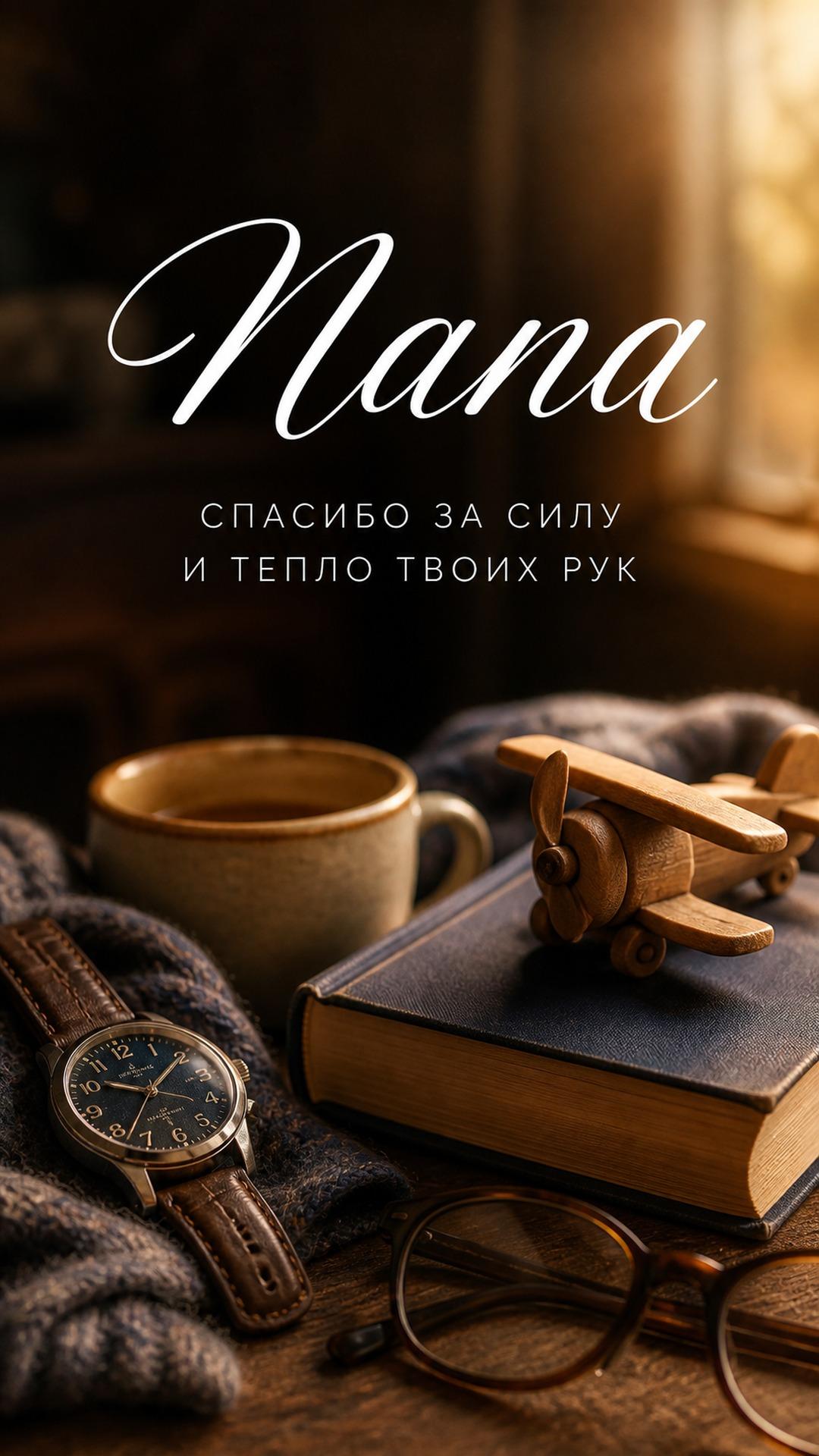 Открытка папе ко Дню отца: часы, книги, очки, деревянный самолётик и чашка в тёплом кабинете. Текст: «Папа. СПАСИБО ЗА СИЛУ. И ТЕПЛО ТВОИХ РУК».