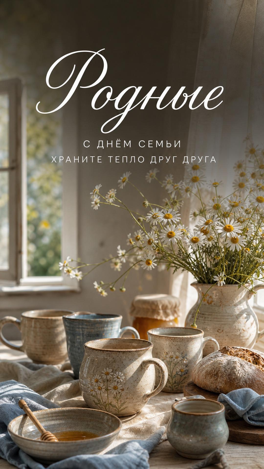 Открытка родным ко Дню семьи: семейный чайный стол, ромашки, хлеб и мягкий свет у окна. Текст: «Родные. С ДНЁМ СЕМЬИ. ХРАНИТЕ ТЕПЛО ДРУГ ДРУГА».