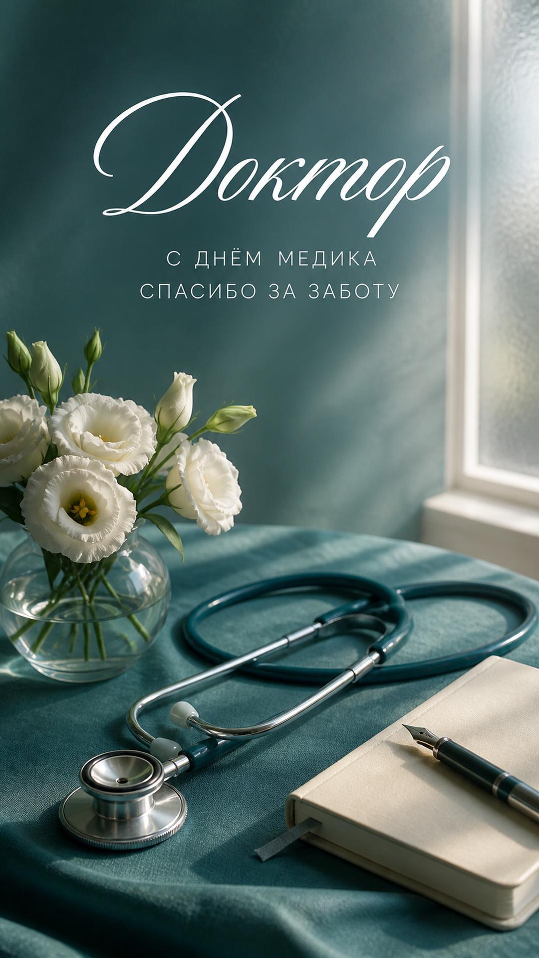 Открытка врачу с Днём медика: стетоскоп, белые цветы и блокнот на бирюзовой ткани у окна. Текст: «Доктор. С ДНЁМ МЕДИКА. СПАСИБО ЗА ЗАБОТУ».