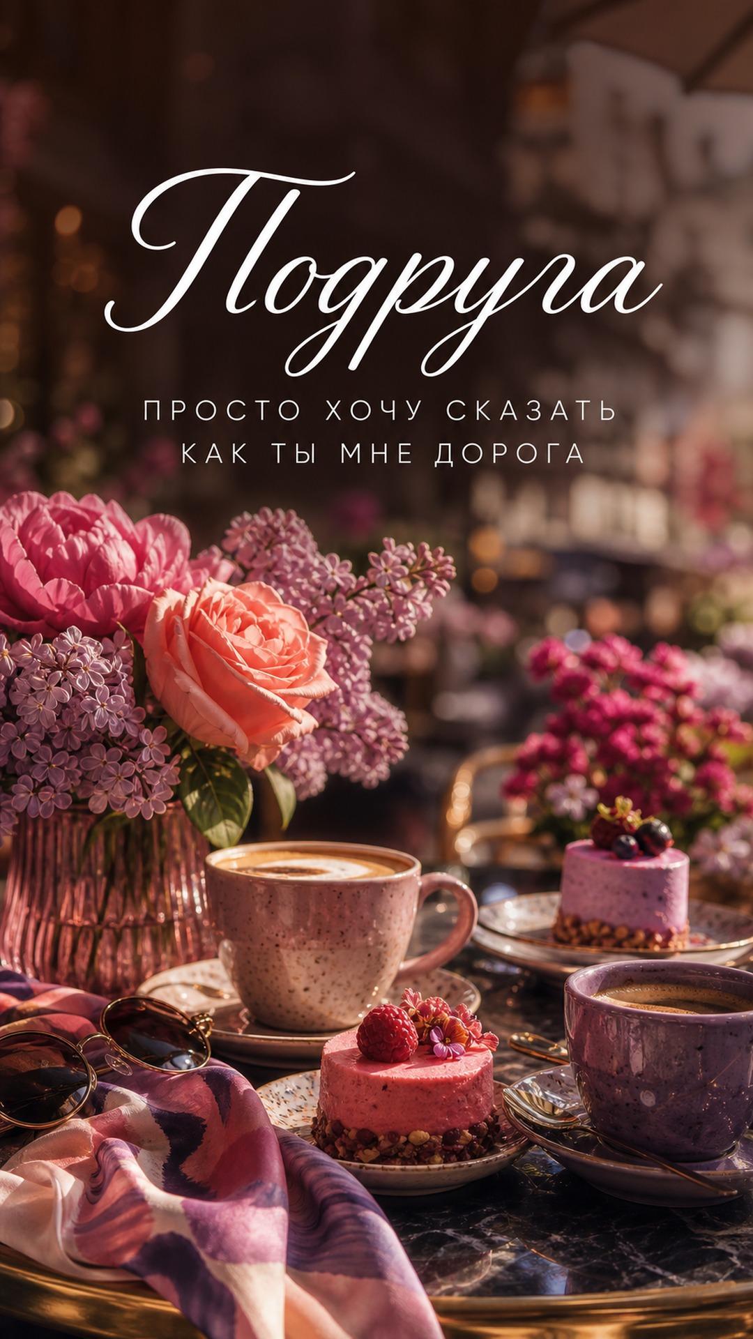 Открытка подруге «Как ты мне дорога»: розовые цветы, чай и десерты на уютном столе в мягком вечернем свете. Текст: «Подруга. ПРОСТО ХОЧУ СКАЗАТЬ. КАК ТЫ МНЕ ДОРОГА».