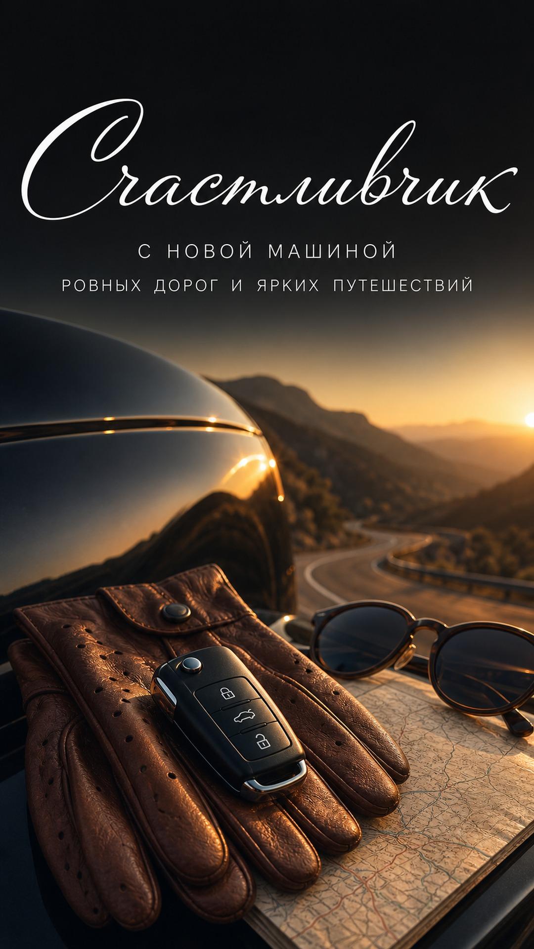 Открытка с новой машиной: ключ от автомобиля, перчатки, очки и блестящий кузов на горной дороге. Текст: «Счастливчик. С НОВОЙ МАШИНОЙ. РОВНЫХ ДОРОГ И ЯРКИХ ПУТЕШЕСТВИЙ».