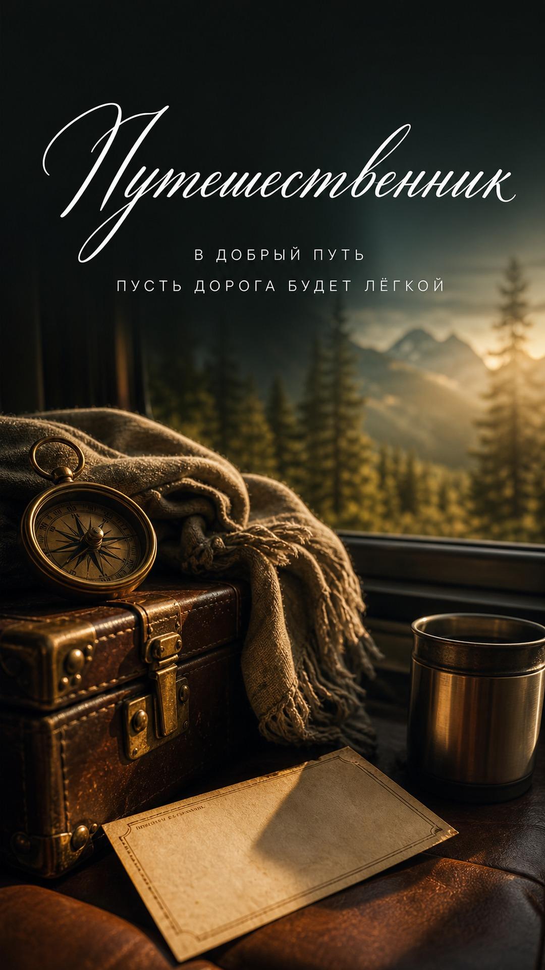 Открытка «В добрый путь» путешественнику: винтажный чемодан, компас, карта, плед и лесная дорога за окном. Текст: «Путешественник. В ДОБРЫЙ ПУТЬ. ПУСТЬ ДОРОГА БУДЕТ ЛЁГКОЙ».