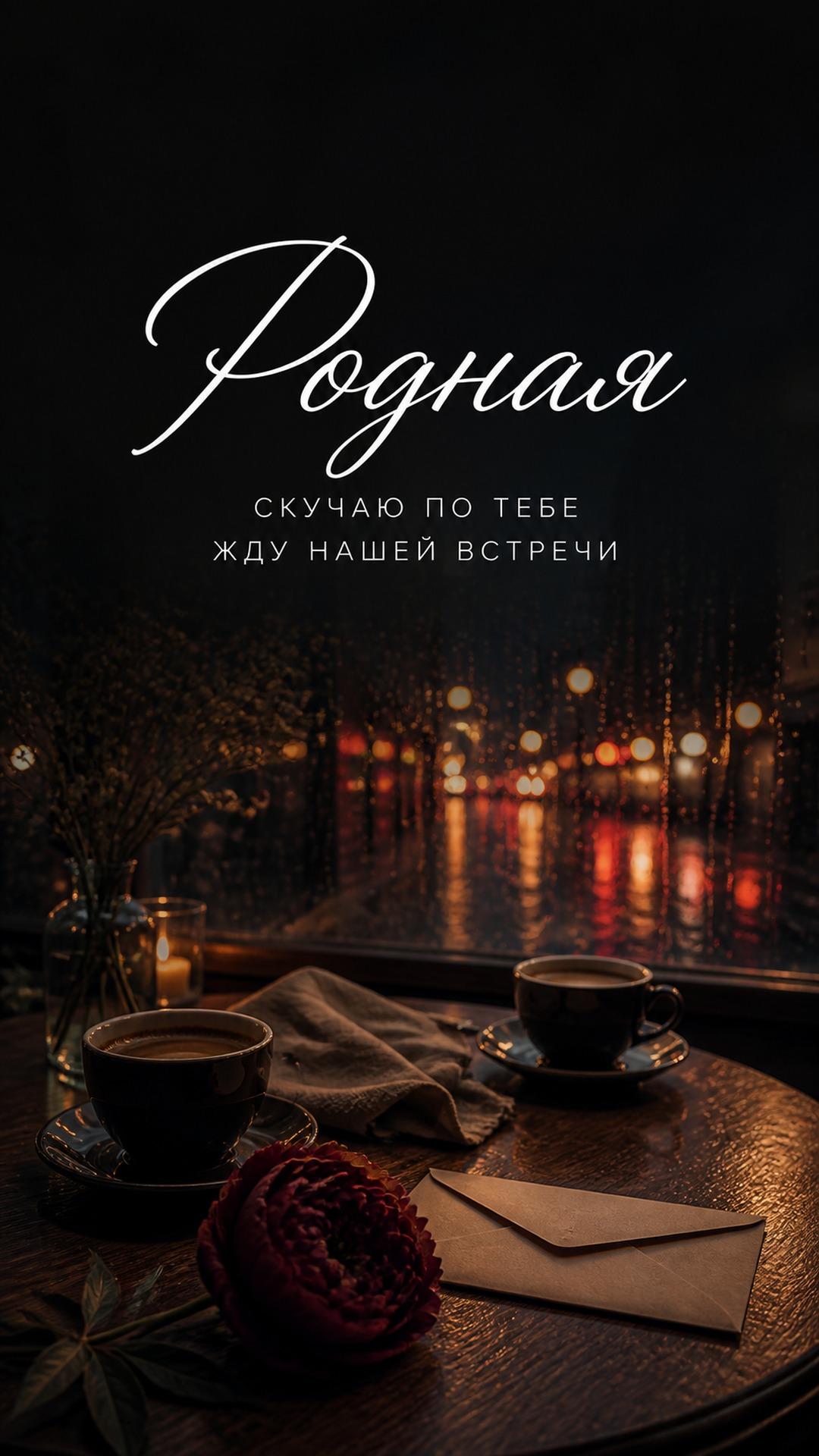 Открытка любимой «Скучаю по тебе»: ночной дождь за окном, чашка, письмо и тёмная роза. Текст: «Родная. СКУЧАЮ ПО ТЕБЕ. ЖДУ НАШЕЙ ВСТРЕЧИ».
