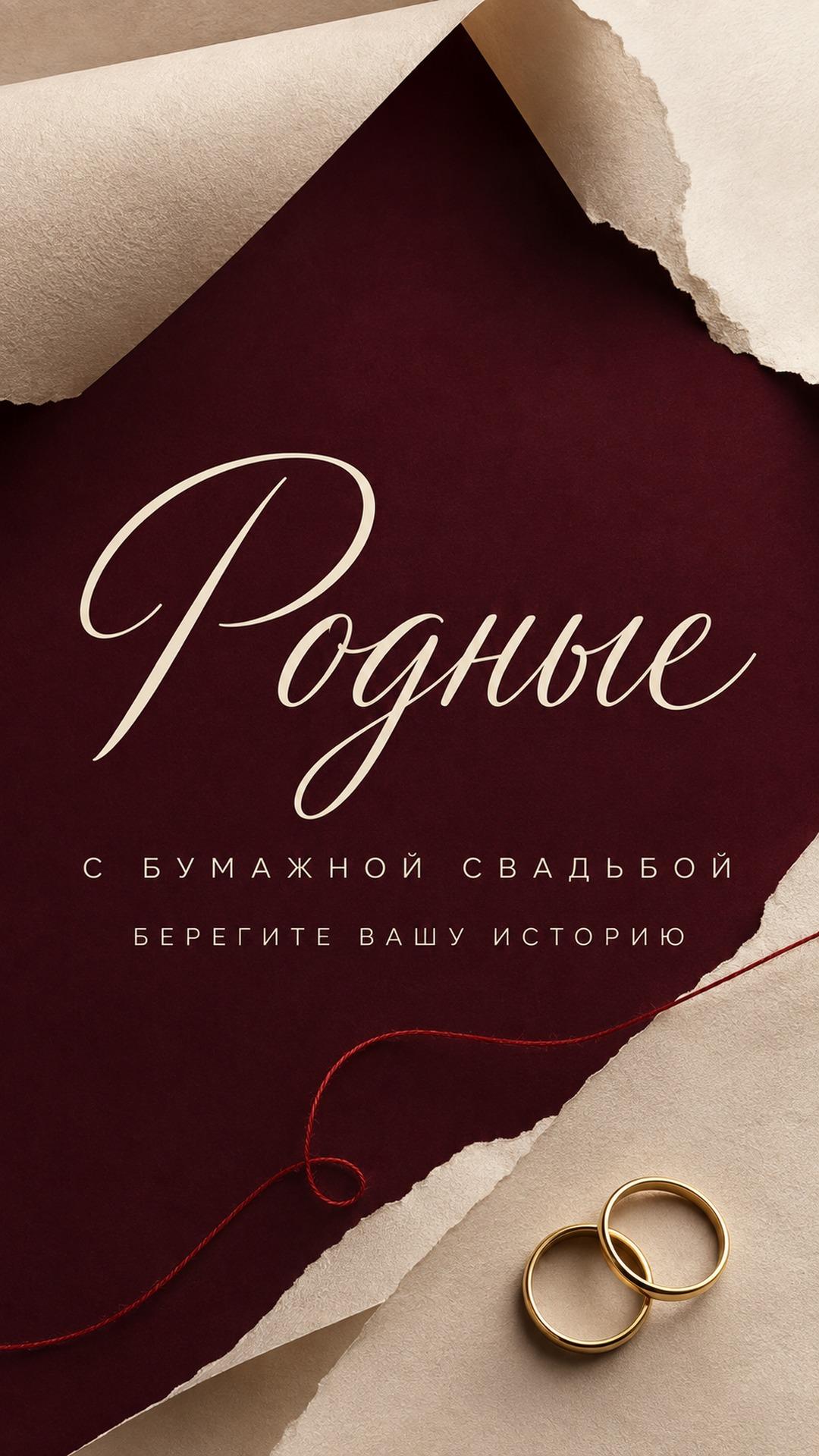 Открытка с бумажной свадьбой: слои кремовой и бордовой бумаги с двумя золотыми обручальными кольцами. Текст: «Родные. С БУМАЖНОЙ СВАДЬБОЙ. БЕРЕГИТЕ ВАШУ ИСТОРИЮ».