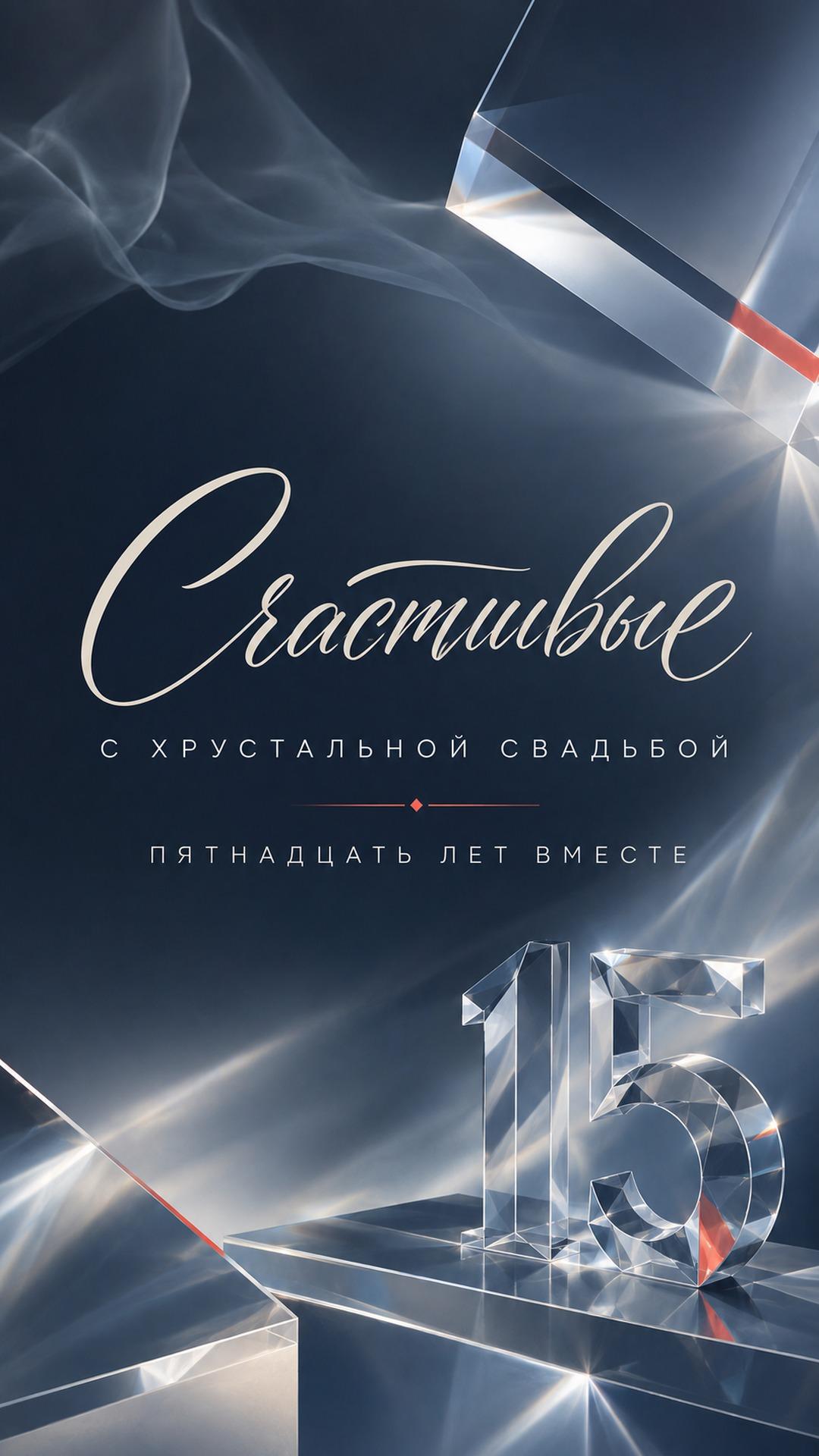 Открытка с хрустальной свадьбой — 15 лет вместе: прозрачные кристаллические цифры 15 среди лучей и стеклянных граней. Текст: «Счастливые. С ХРУСТАЛЬНОЙ СВАДЬБОЙ. ПЯТНАДЦАТЬ ЛЕТ ВМЕСТЕ».