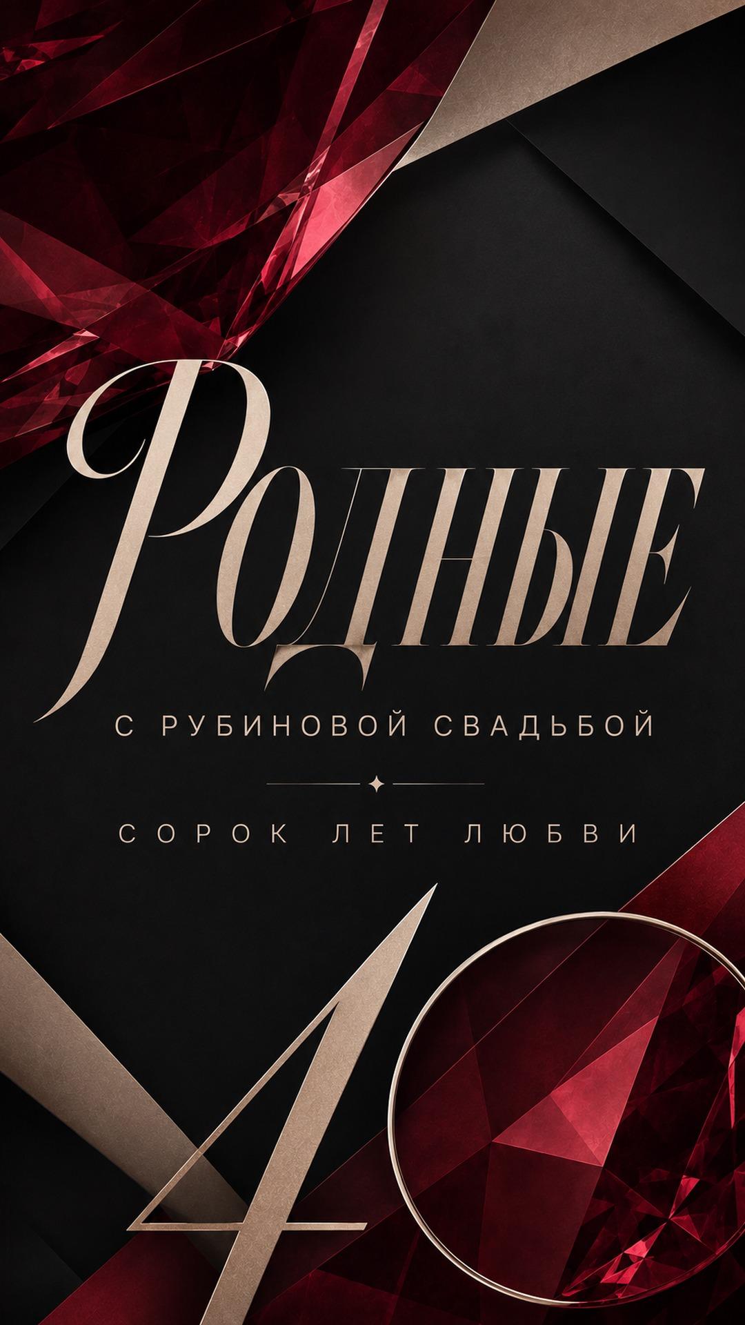 Открытка с рубиновой свадьбой — 40 лет любви: огранённые рубиновые кристаллы и крупная цифра 40 на чёрном фоне. Текст: «Родные. С РУБИНОВОЙ СВАДЬБОЙ. СОРОК ЛЕТ ЛЮБВИ».