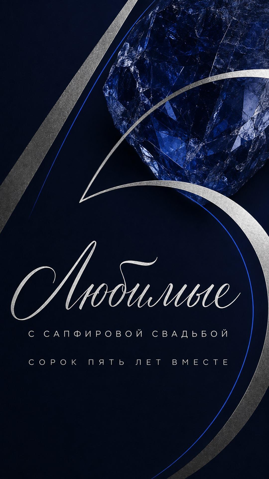 Открытка с сапфировой свадьбой — 45 лет вместе: глубокие сапфировые грани, серебряные дуги и крупная цифра 45. Текст: «Любимые. С САПФИРОВОЙ СВАДЬБОЙ. СОРОК ПЯТЬ ЛЕТ ВМЕСТЕ».