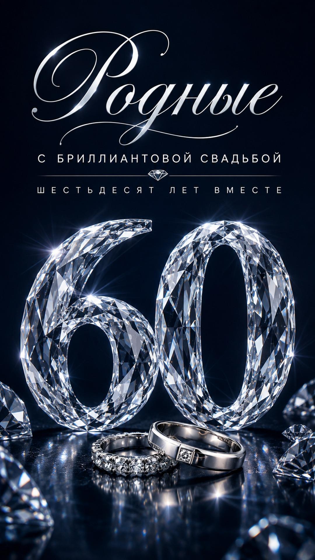 Открытка с бриллиантовой свадьбой — 60 лет вместе: бриллиантовые цифры 60 на глубоком синем фоне и сияющие кольца. Текст: «Родные. С БРИЛЛИАНТОВОЙ СВАДЬБОЙ. ШЕСТЬДЕСЯТ ЛЕТ ВМЕСТЕ».