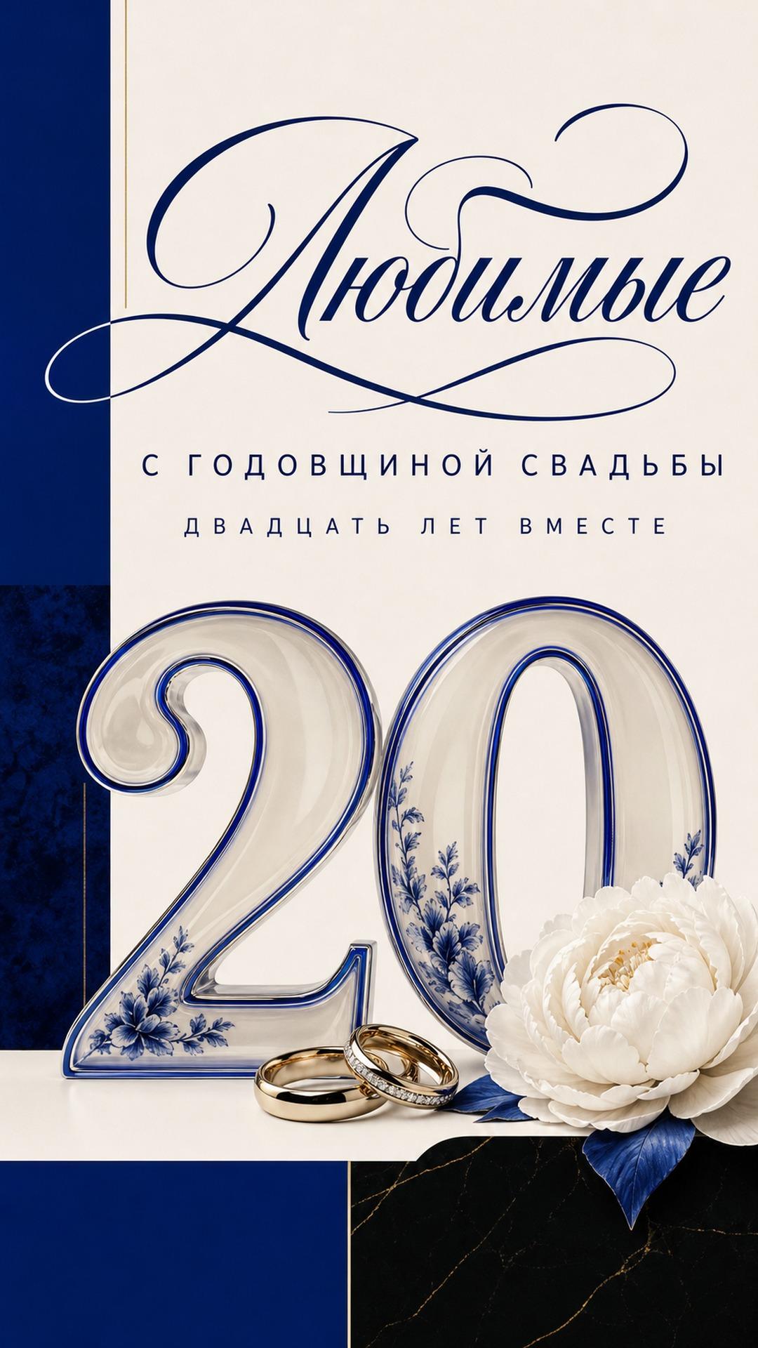 Открытка с годовщиной свадьбы — 20 лет вместе: бело-синие фарфоровые цифры 20, белый пион и обручальные кольца. Текст: «Любимые. С ГОДОВЩИНОЙ СВАДЬБЫ. ДВАДЦАТЬ ЛЕТ ВМЕСТЕ».