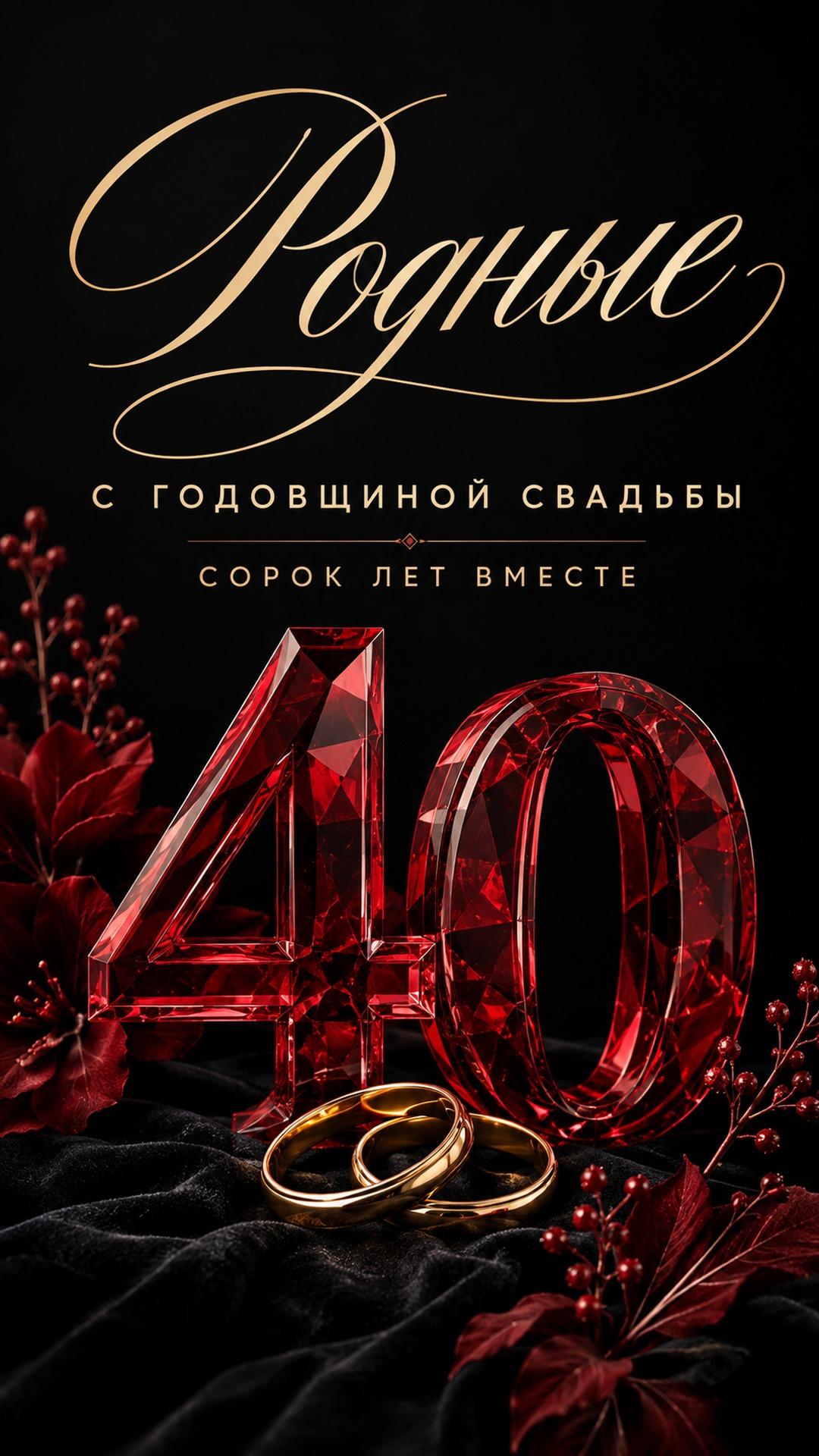 Открытка с годовщиной свадьбы — 40 лет вместе: рубиновые кристальные цифры 40 на чёрном бархате с золотыми кольцами. Текст: «Родные. С ГОДОВЩИНОЙ СВАДЬБЫ. СОРОК ЛЕТ ВМЕСТЕ».