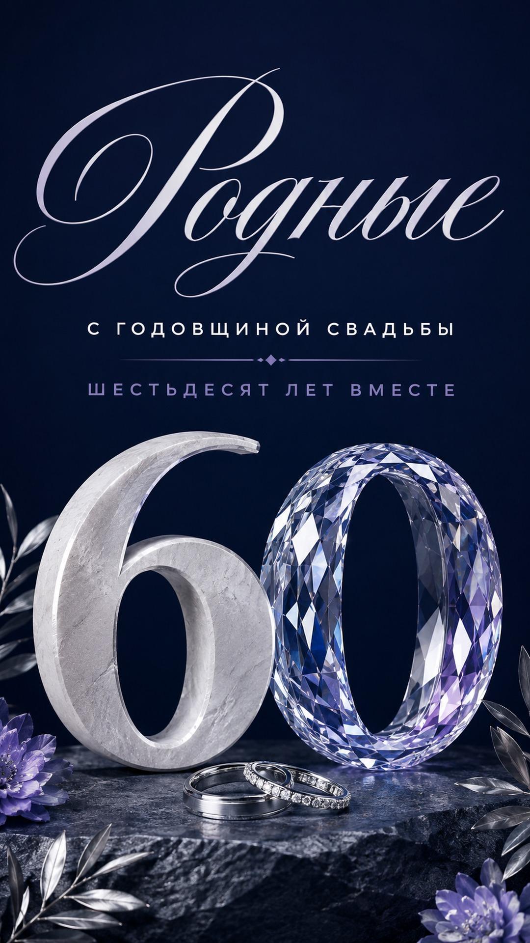 Открытка с годовщиной свадьбы — 60 лет вместе: цифры 60 из белого камня и гранёного кристалла на ночном синем фоне. Текст: «Родные. С ГОДОВЩИНОЙ СВАДЬБЫ. ШЕСТЬДЕСЯТ ЛЕТ ВМЕСТЕ».