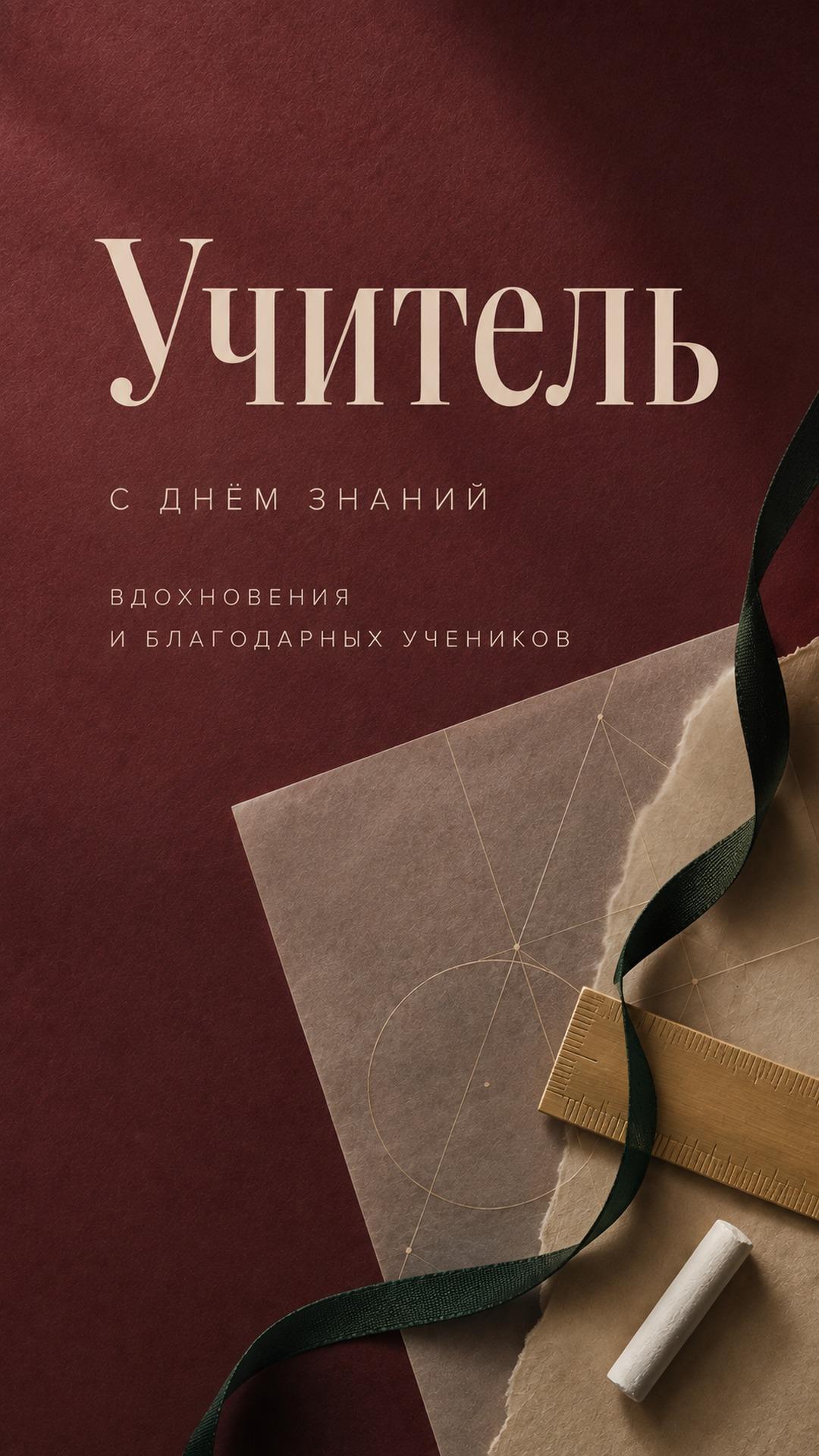 Открытка учителю с Днём знаний: бордовый картон, геометрическая калька, золотая линейка и белый мел. Текст: «Учитель. С ДНЁМ ЗНАНИЙ. ВДОХНОВЕНИЯ И БЛАГОДАРНЫХ УЧЕНИКОВ».