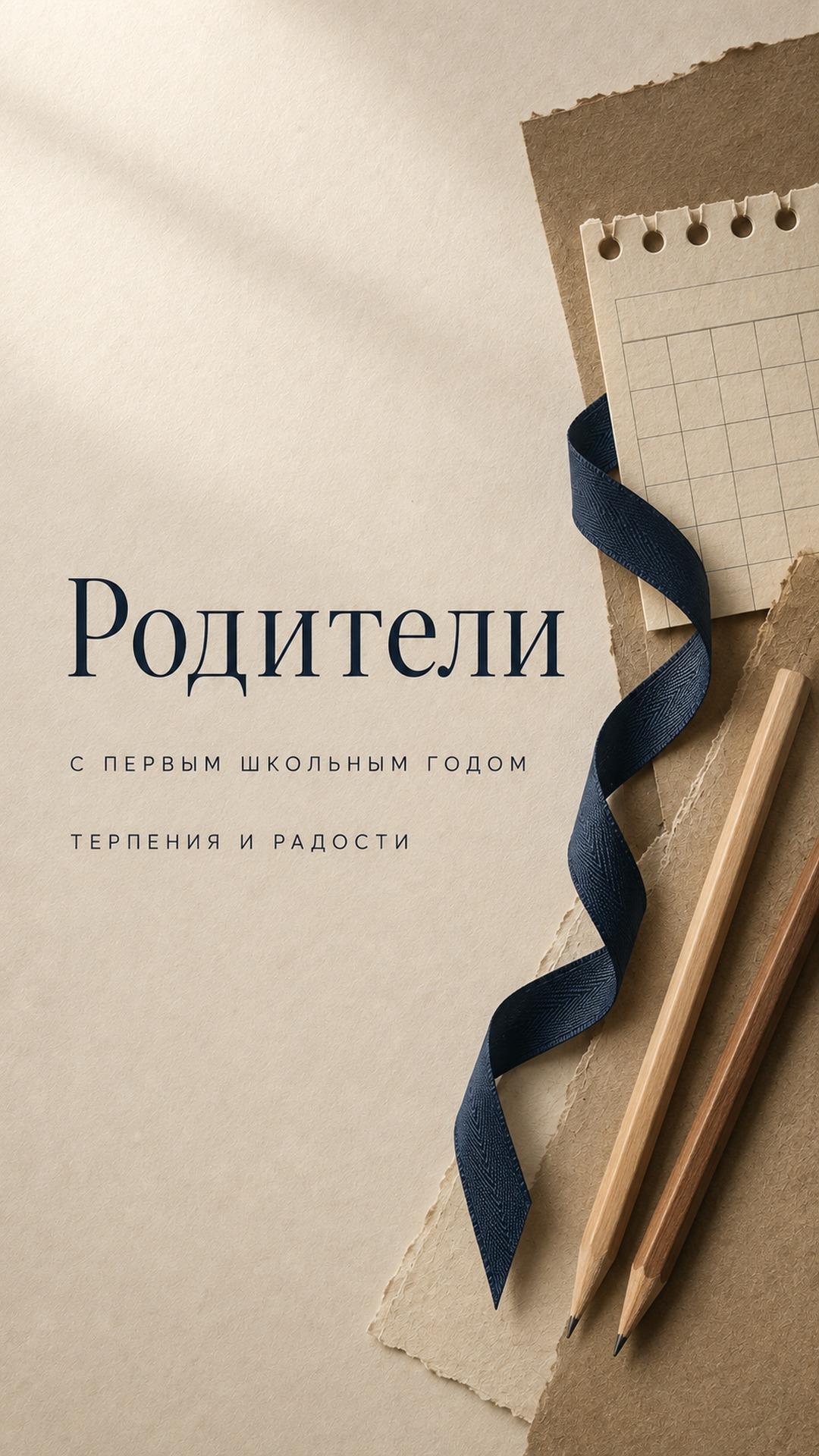 Открытка родителям первоклассника: крафтовая бумага, два карандаша и тёмно-синяя школьная лента. Текст: «Родители. С ПЕРВЫМ ШКОЛЬНЫМ ГОДОМ. ТЕРПЕНИЯ И РАДОСТИ».