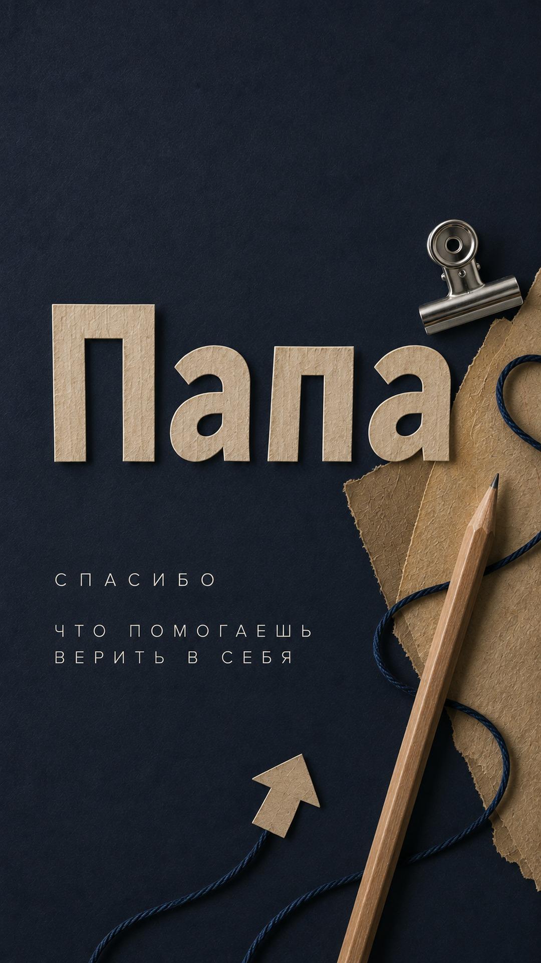Открытка папе — спасибо за поддержку: графитовый картон, деревянный карандаш, синяя нить и металлический зажим. Текст: «Папа. СПАСИБО. ЧТО ПОМОГАЕШЬ ВЕРИТЬ В СЕБЯ».