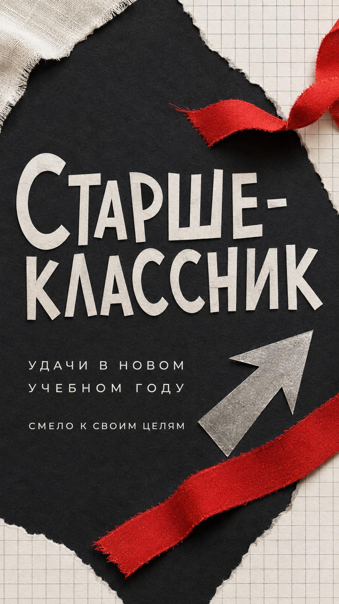 Открытка старшекласснику к учебному году: чёрная бумага, миллиметровка, красная лента и серебряная стрелка. Текст: «Старшеклассник. УДАЧИ В НОВОМ УЧЕБНОМ ГОДУ. СМЕЛО К СВОИМ ЦЕЛЯМ».