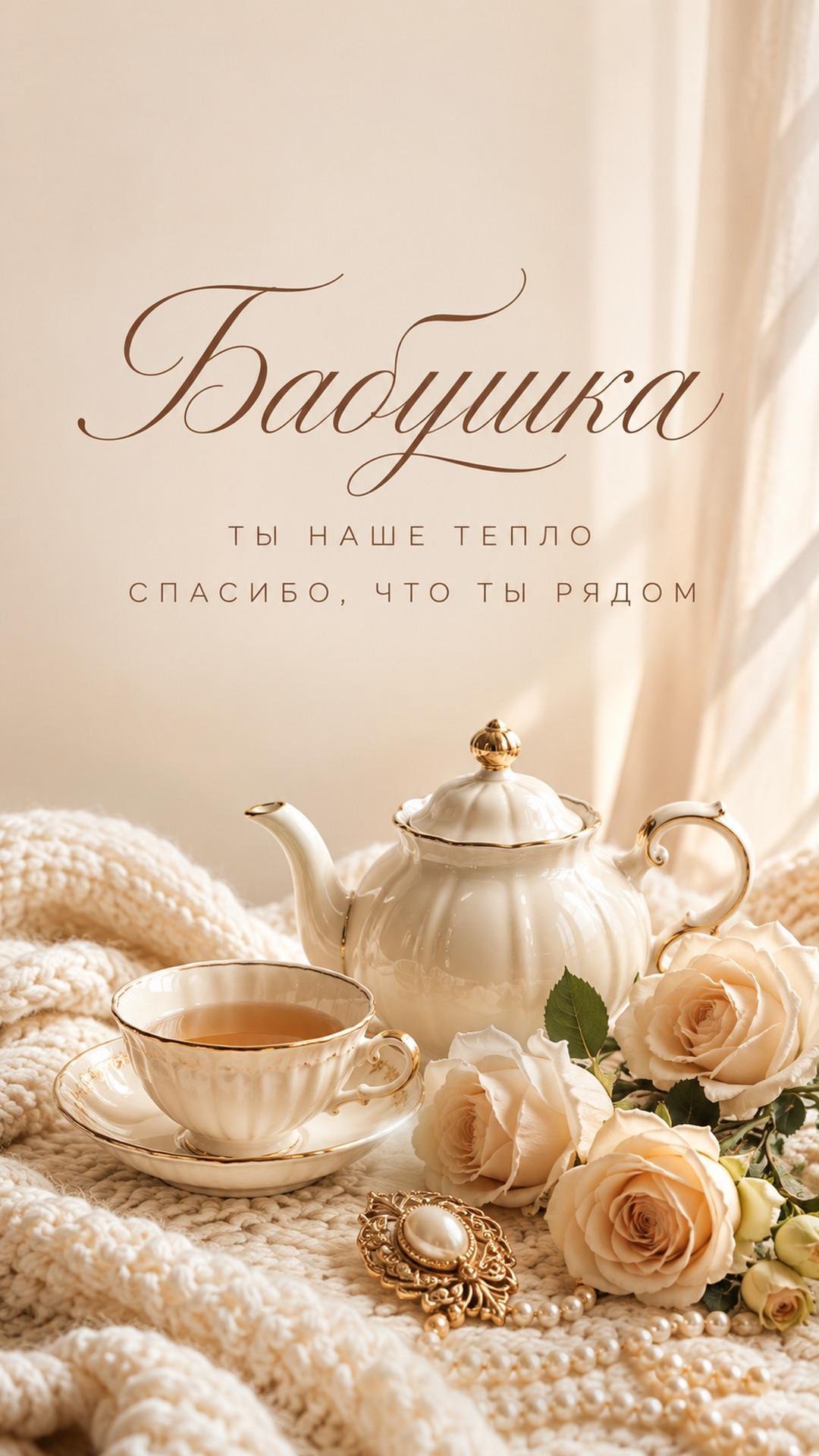 Открытка «Бабушка: Ты наше тепло»: уютный фарфоровый чайник, вязаный плед, кремовые розы, золотая брошь и жемчуг. Текст: «Бабушка. Ты наше тепло. Спасибо, что ты рядом».