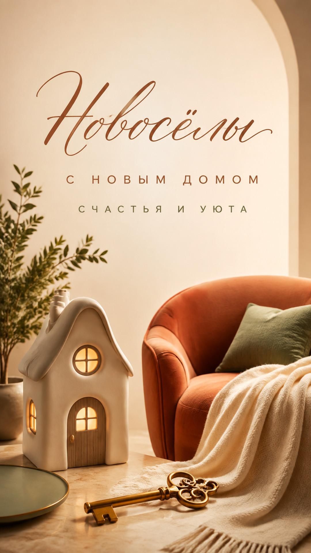 Открытка «Новосёлы: С новым домом»: мягкий миниатюрный дом, золотой ключ, бархатное кресло, растение и тёплое окно. Текст: «Новосёлы. С новым домом. Счастья и уюта».