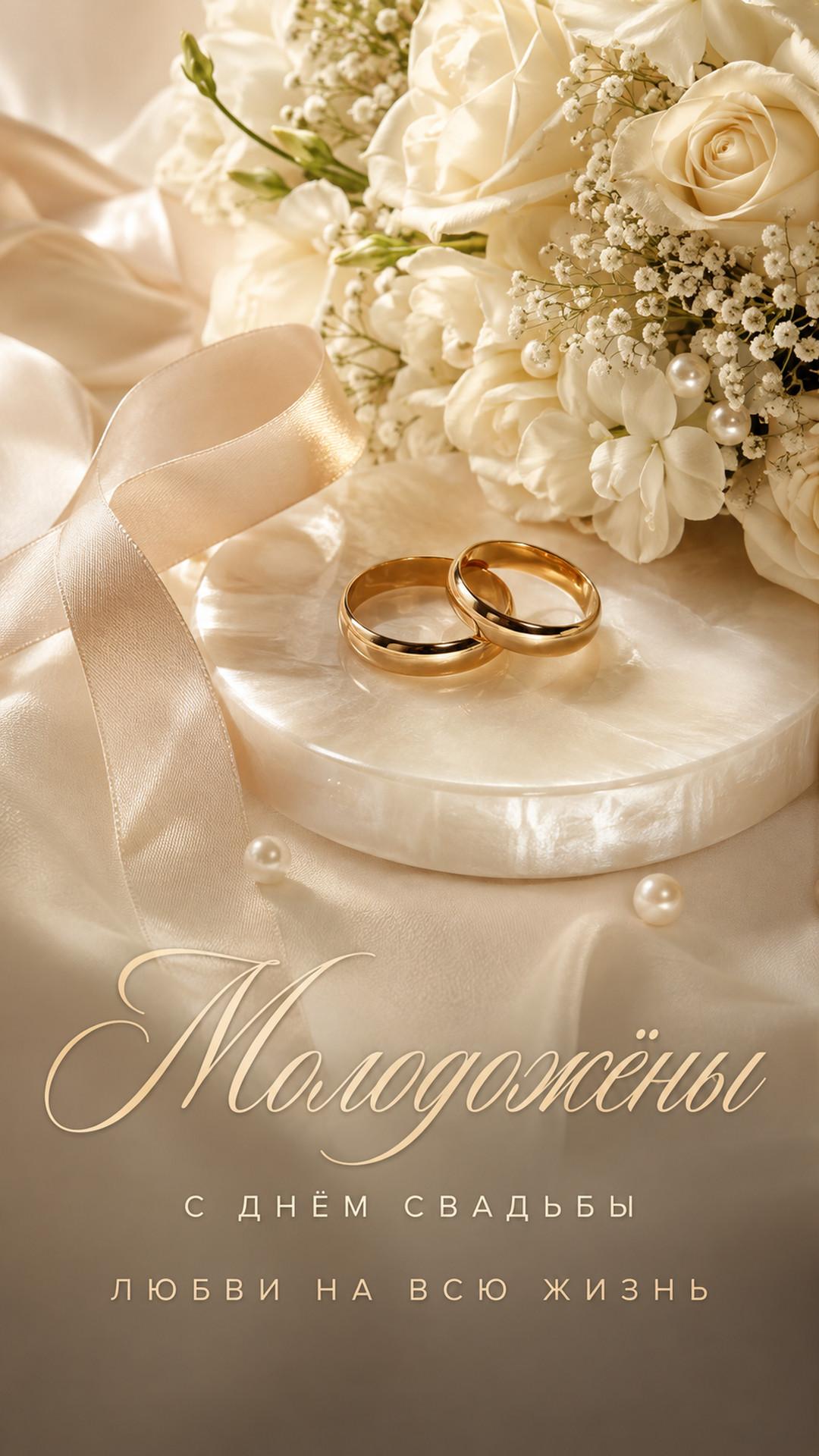 Открытка «Молодожёны: С днём свадьбы»: фарфоровые кольца, белый букет, шёлковая лента и жемчуг. Текст: «Молодожёны. С днём свадьбы. Любви на всю жизнь».