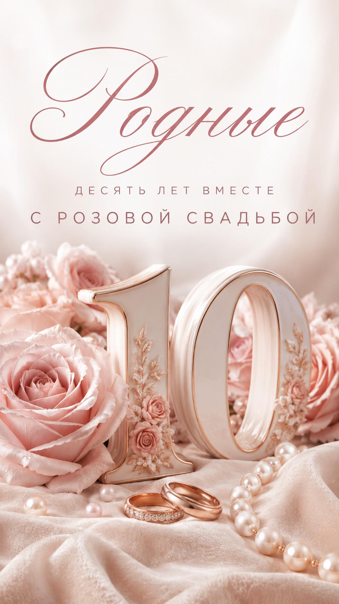 Открытка «Родные: Десять лет вместе»: фарфоровая цифра 10, розы, кольца и жемчуг. Текст: «Родные. Десять лет вместе. С розовой свадьбой».