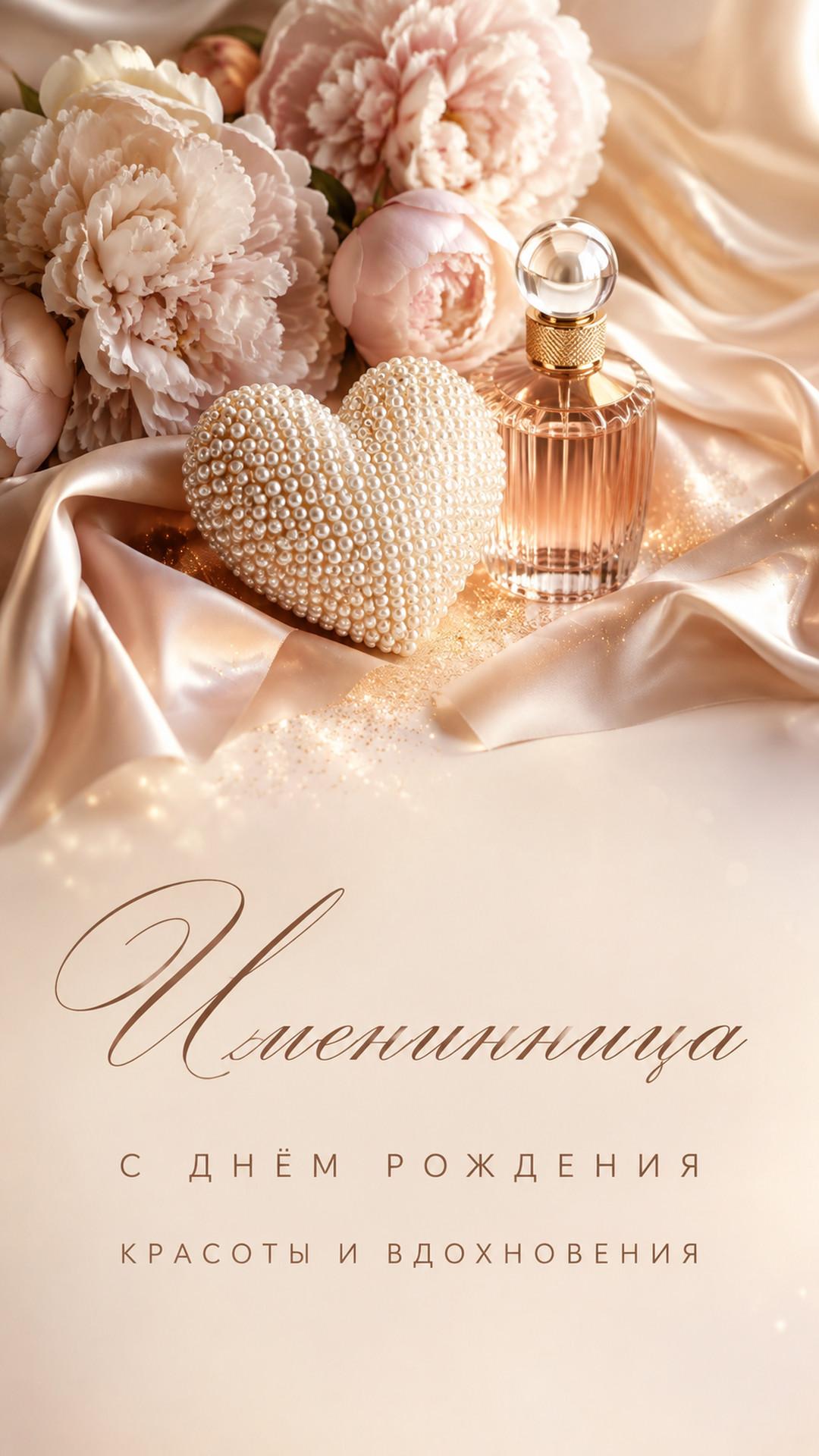 Открытка «Именинница: С днём рождения»: жемчужное сердце, пионы, флакон духов и шёлк. Текст: «Именинница. С днём рождения. Красоты и вдохновения».