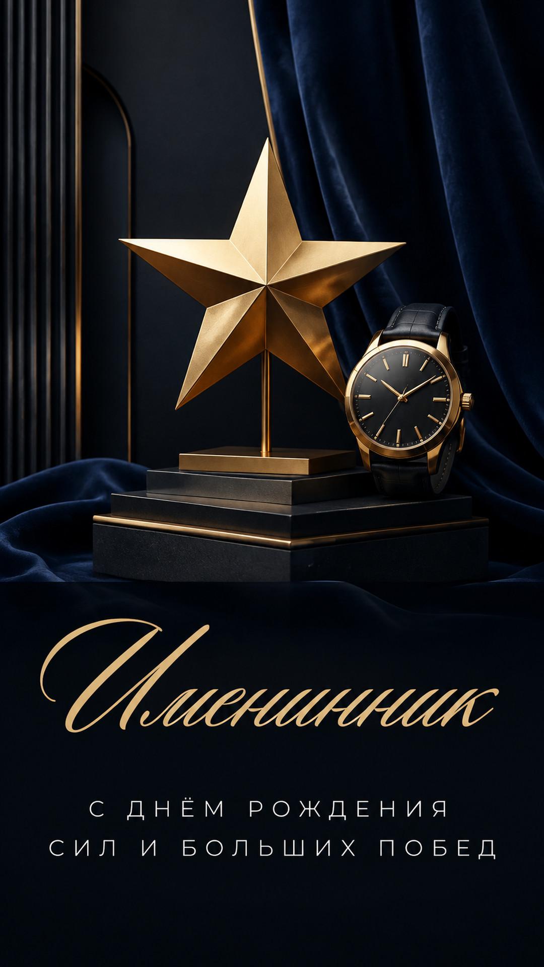 Открытка «Именинник: С днём рождения»: скульптурная звезда, часы, тёмный бархат и металл. Текст: «Именинник. С днём рождения. Сил и больших побед».
