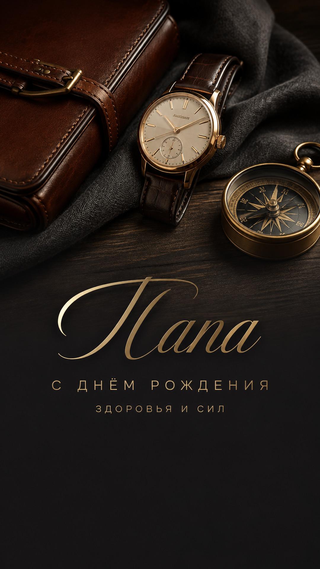 Открытка «Папа: С днём рождения»: кожаный футляр, часы, компас и благородное дерево. Текст: «Папа. С днём рождения. Здоровья и сил».