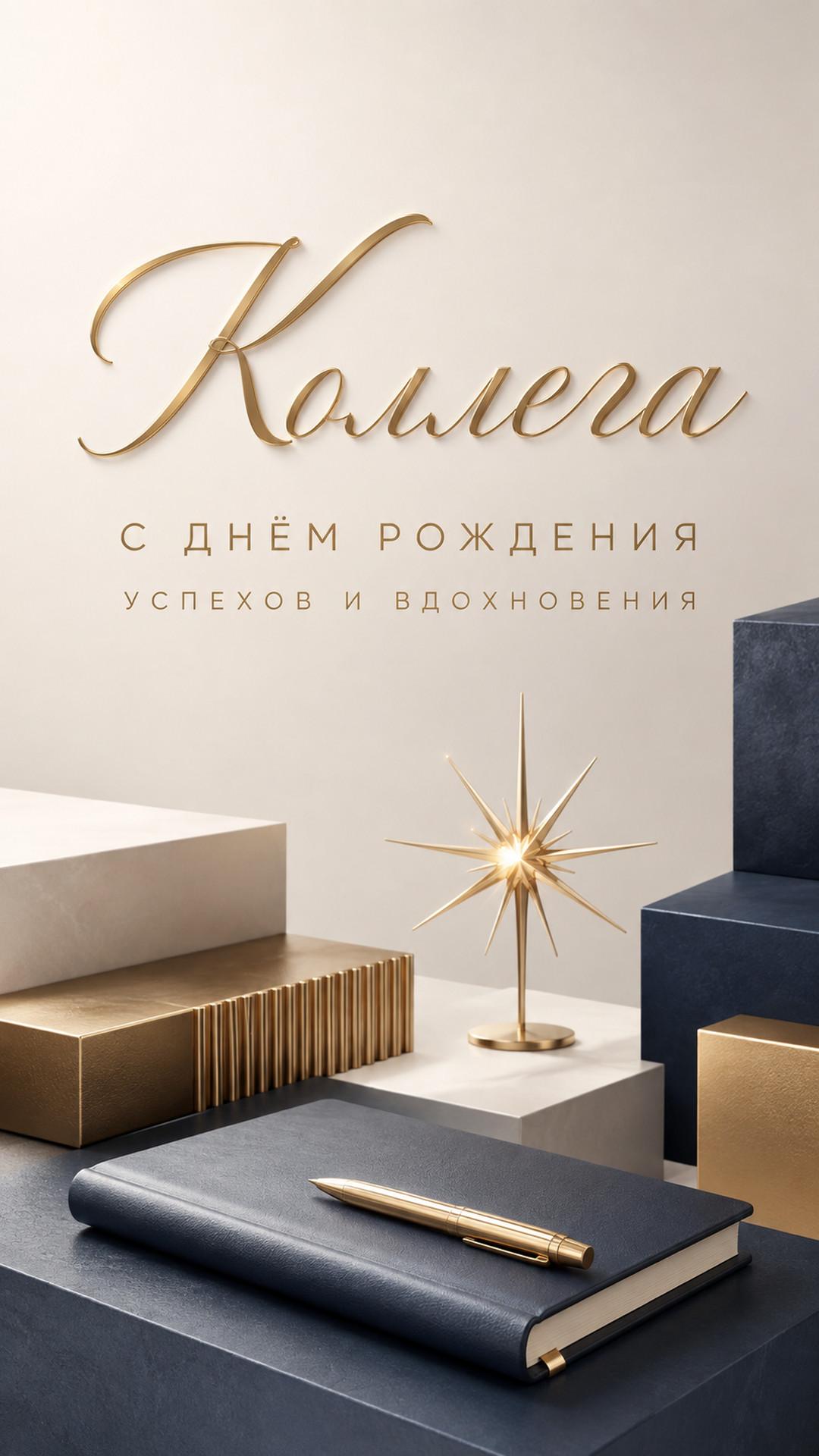 Открытка «Коллега: С днём рождения»: архитектурные блоки, золотая ручка, ежедневник и звезда. Текст: «Коллега. С днём рождения. Успехов и вдохновения».