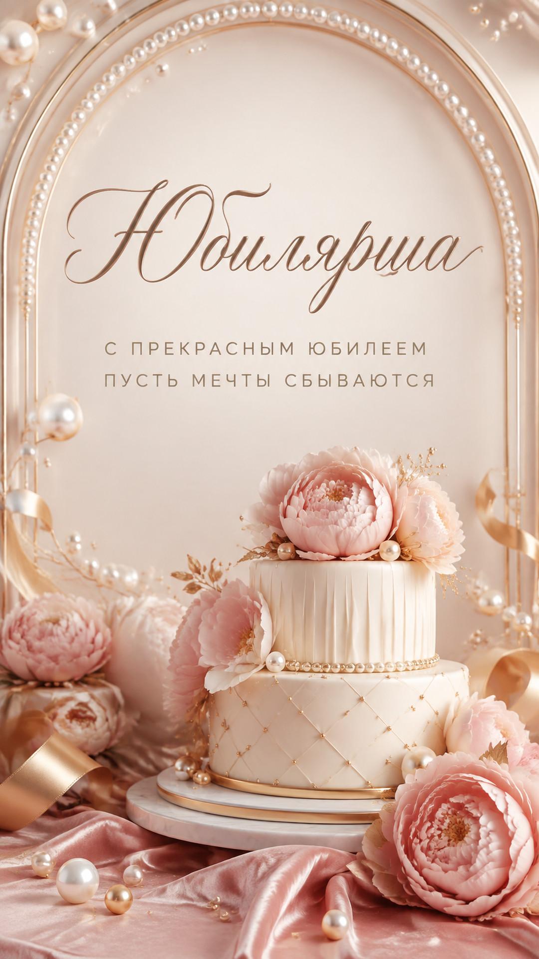 Открытка «Юбилярша: С прекрасным юбилеем»: жемчужная арка, большой торт, пионы и золотые ленты. Текст: «Юбилярша. С прекрасным юбилеем. Пусть мечты сбываются».