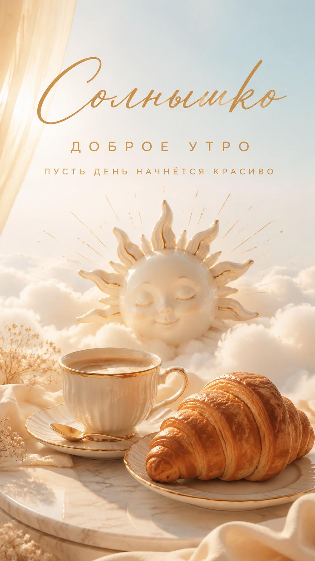 Открытка «Солнышко: Доброе утро»: фарфоровое солнце, чашка кофе, круассан и облака. Текст: «Солнышко. Доброе утро. Пусть день начнётся красиво».