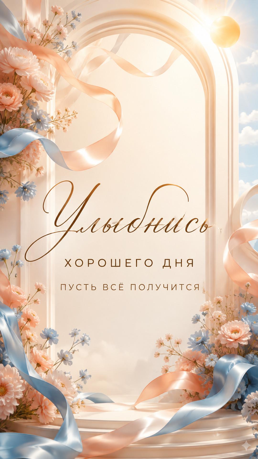 Открытка «Улыбнись: Хорошего дня»: светлая арка, золотое солнце, цветы и летающие ленты. Текст: «Улыбнись. Хорошего дня. Пусть всё получится».