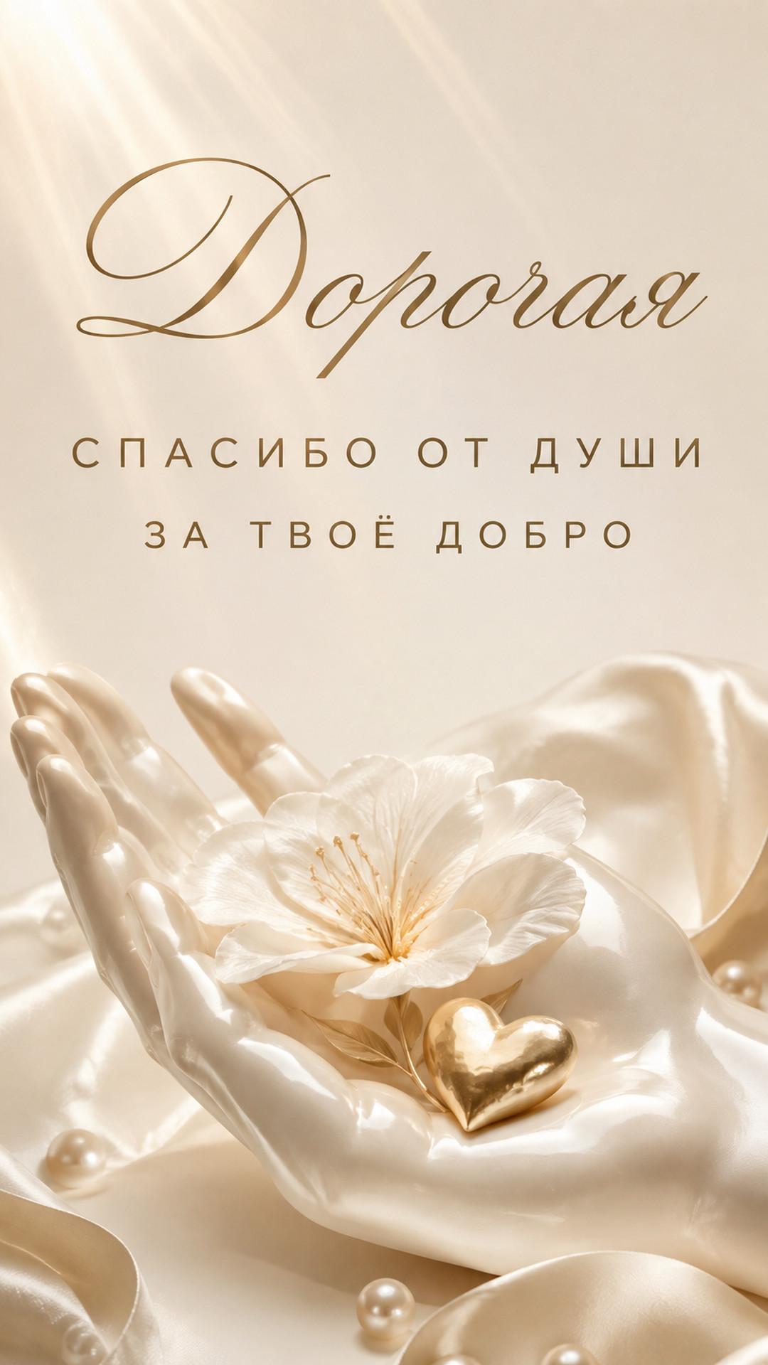 Открытка «Дорогая: Спасибо от души»: раскрытая жемчужная ладонь, цветок, сердце и золотые лучи. Текст: «Дорогая. Спасибо от души. За твоё добро».