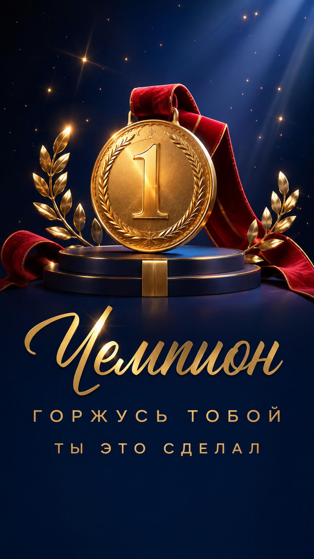 Открытка «Чемпион: Горжусь тобой»: золотая медаль с цифрой 1, пьедестал, лавр и звёзды. Текст: «Чемпион. Горжусь тобой. Ты это сделал».