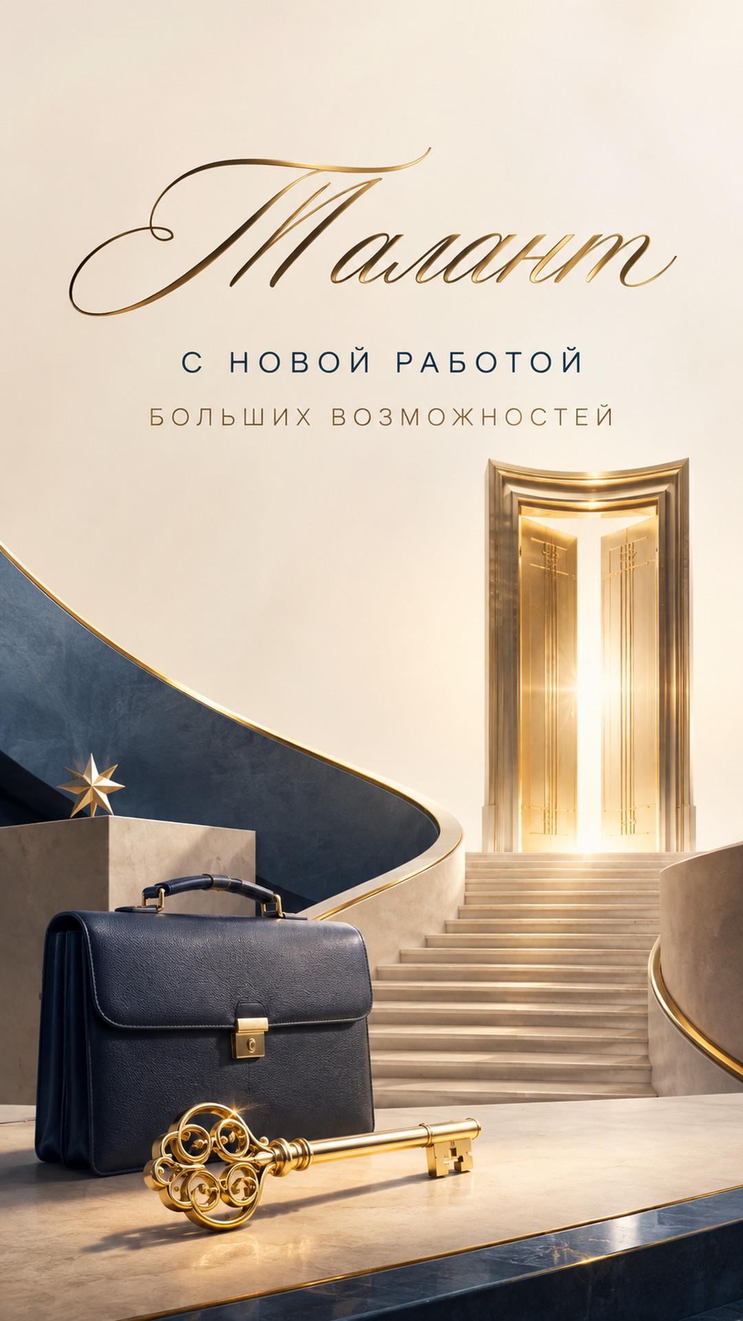 Открытка «Талант: С новой работой»: золотой ключ, лестница, портфель и светящаяся дверь. Текст: «Талант. С новой работой. Больших возможностей».
