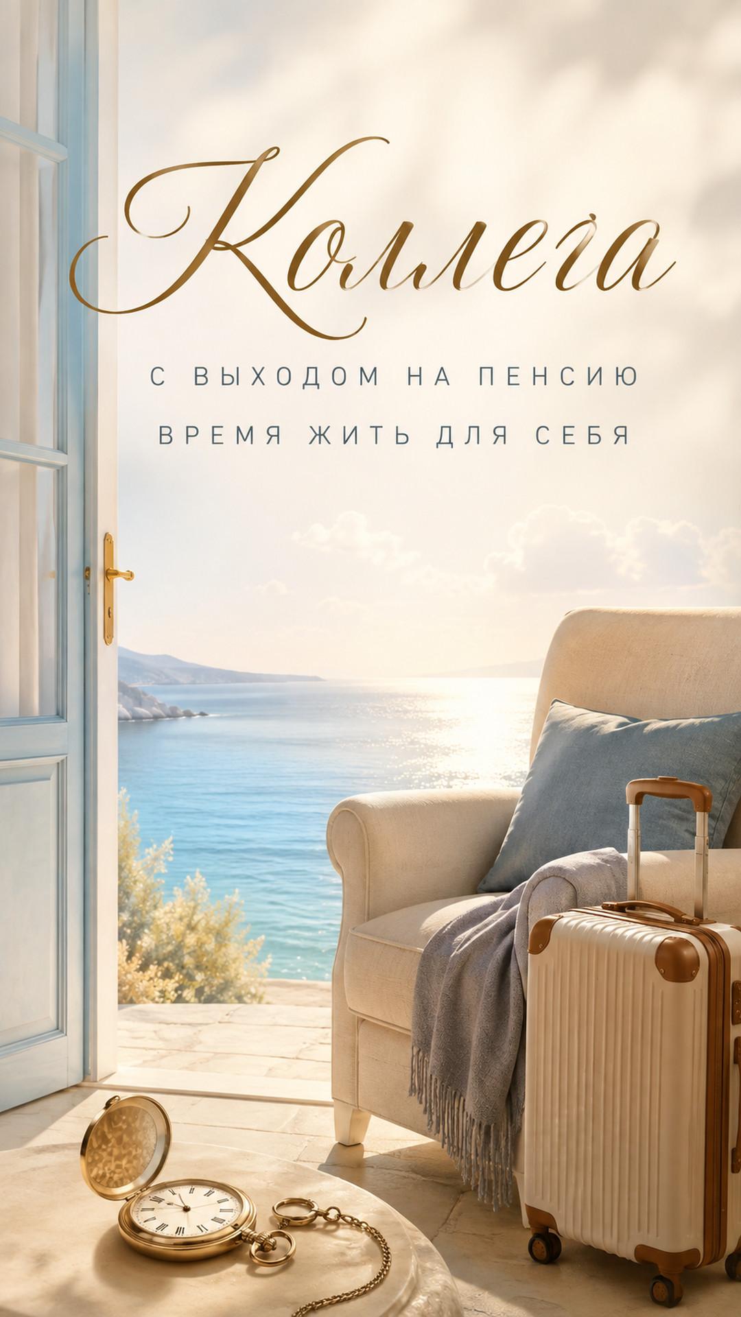 Открытка «Коллега: С выходом на пенсию»: открытая дверь к морю, кресло, чемодан и золотые часы. Текст: «Коллега. С выходом на пенсию. Время жить для себя».