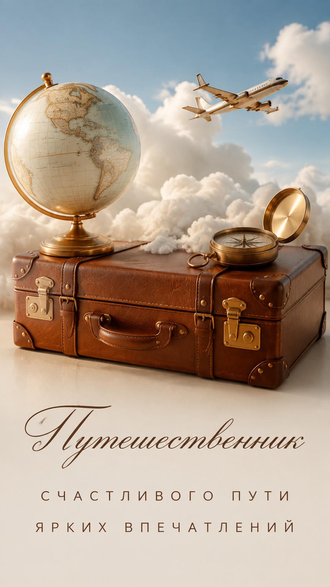 Открытка «Путешественник: Счастливого пути»: премиальный чемодан, глобус, самолёт, облака и компас. Текст: «Путешественник. Счастливого пути. Ярких впечатлений».