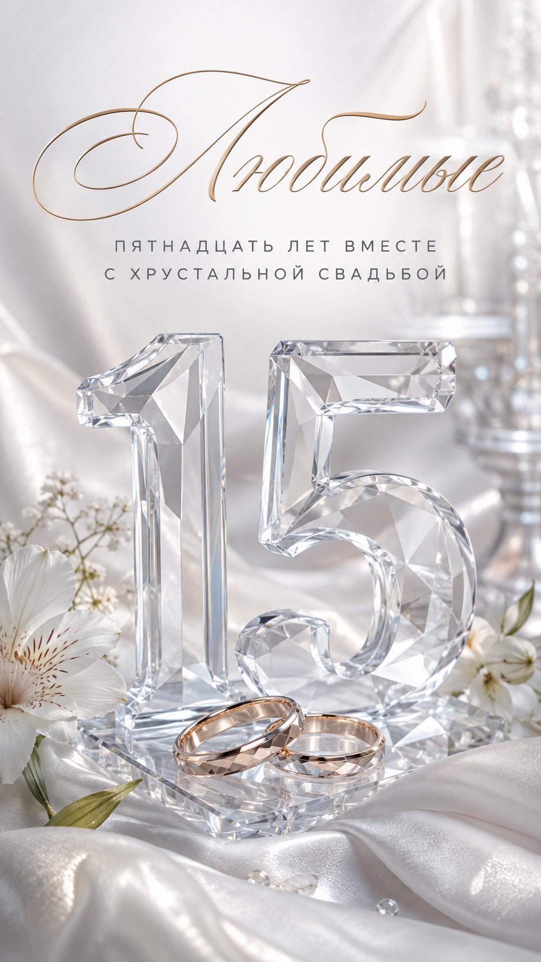 Открытка «Любимые: Пятнадцать лет вместе»: прозрачная цифра 15, хрусталь, кольца, белые цветы и шёлк. Текст: «Любимые. Пятнадцать лет вместе. С хрустальной свадьбой».