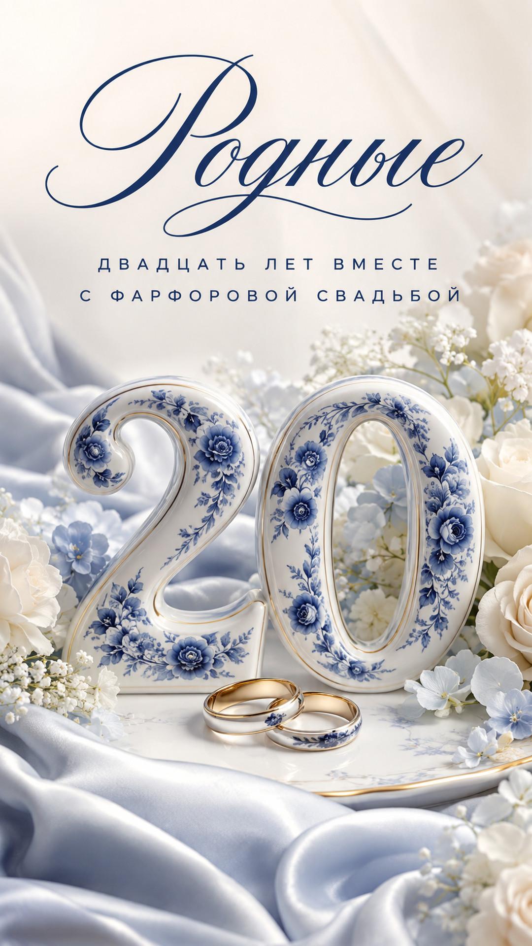 Открытка «Родные: Двадцать лет вместе»: фарфоровая цифра 20, кольца, бело-голубые цветы и шёлк. Текст: «Родные. Двадцать лет вместе. С фарфоровой свадьбой».
