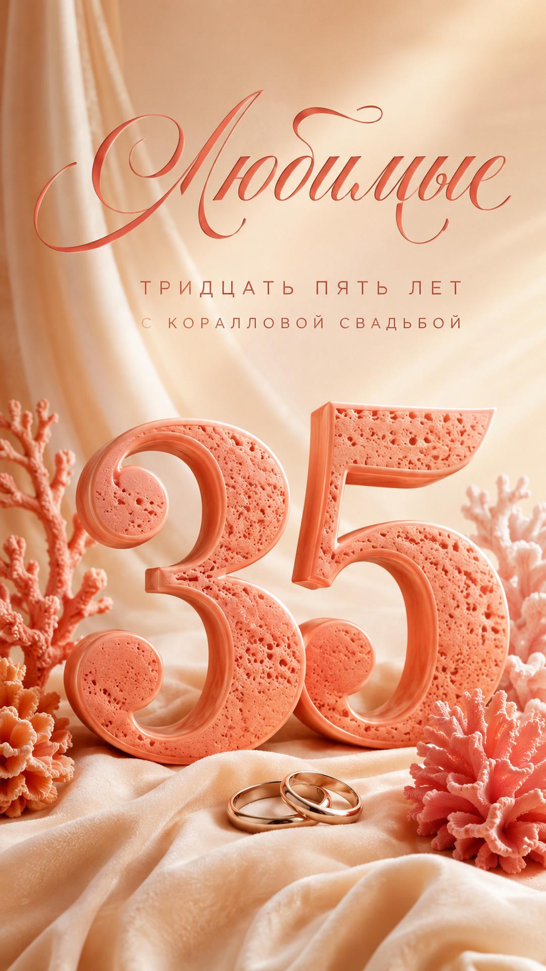 Открытка «Любимые: Тридцать пять лет»: коралловая цифра 35, морские формы, кольца и кремовый бархат. Текст: «Любимые. Тридцать пять лет. С коралловой свадьбой».