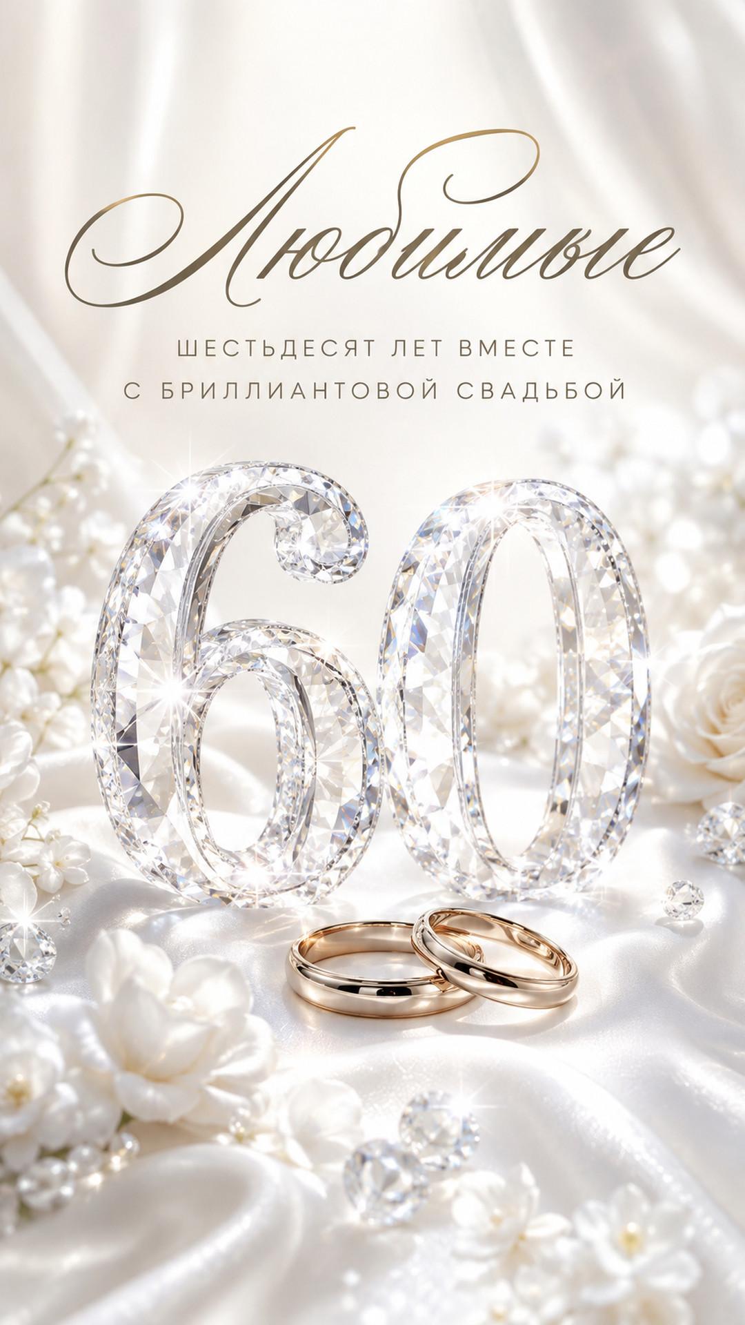 Открытка «Любимые: Шестьдесят лет вместе»: бриллиантовая цифра 60, кристаллы, кольца и белый атлас. Текст: «Любимые. Шестьдесят лет вместе. С бриллиантовой свадьбой».