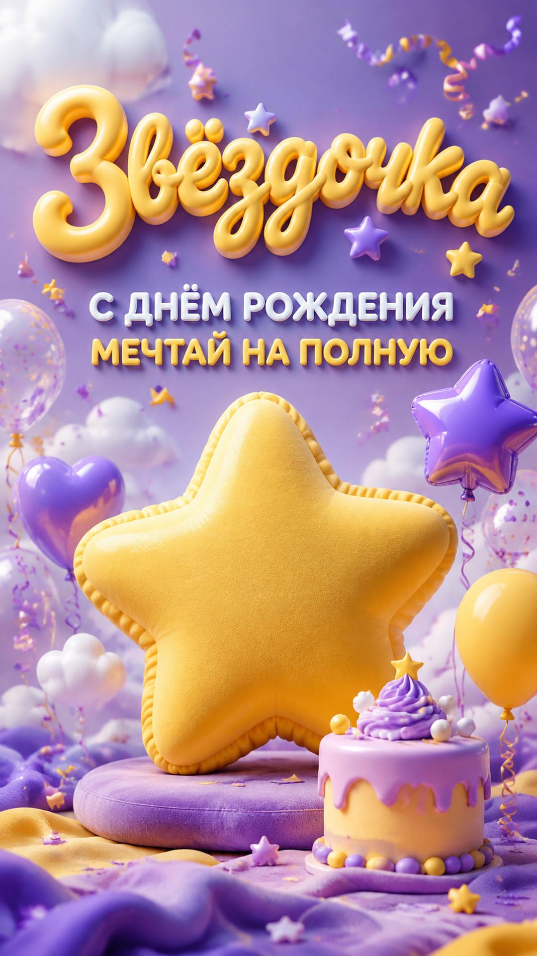 Открытка «Звёздочка: С днём рождения»: пухлая звезда, облака, шарики, торт и конфетти. Текст: «Звёздочка. С днём рождения. Мечтай на полную».