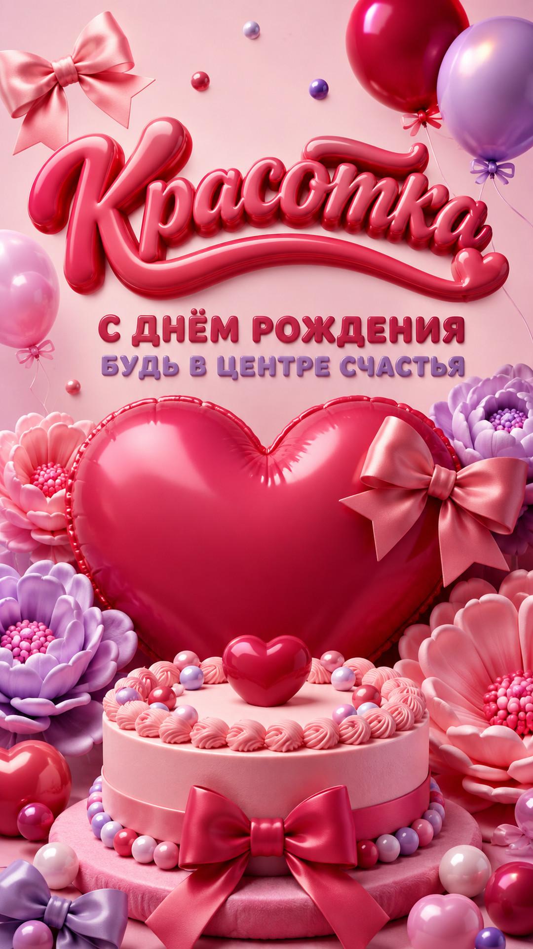 Открытка «Красотка: С днём рождения»: надувное сердце, цветы, торт, банты и блестящие шарики. Текст: «Красотка. С днём рождения. Будь в центре счастья».