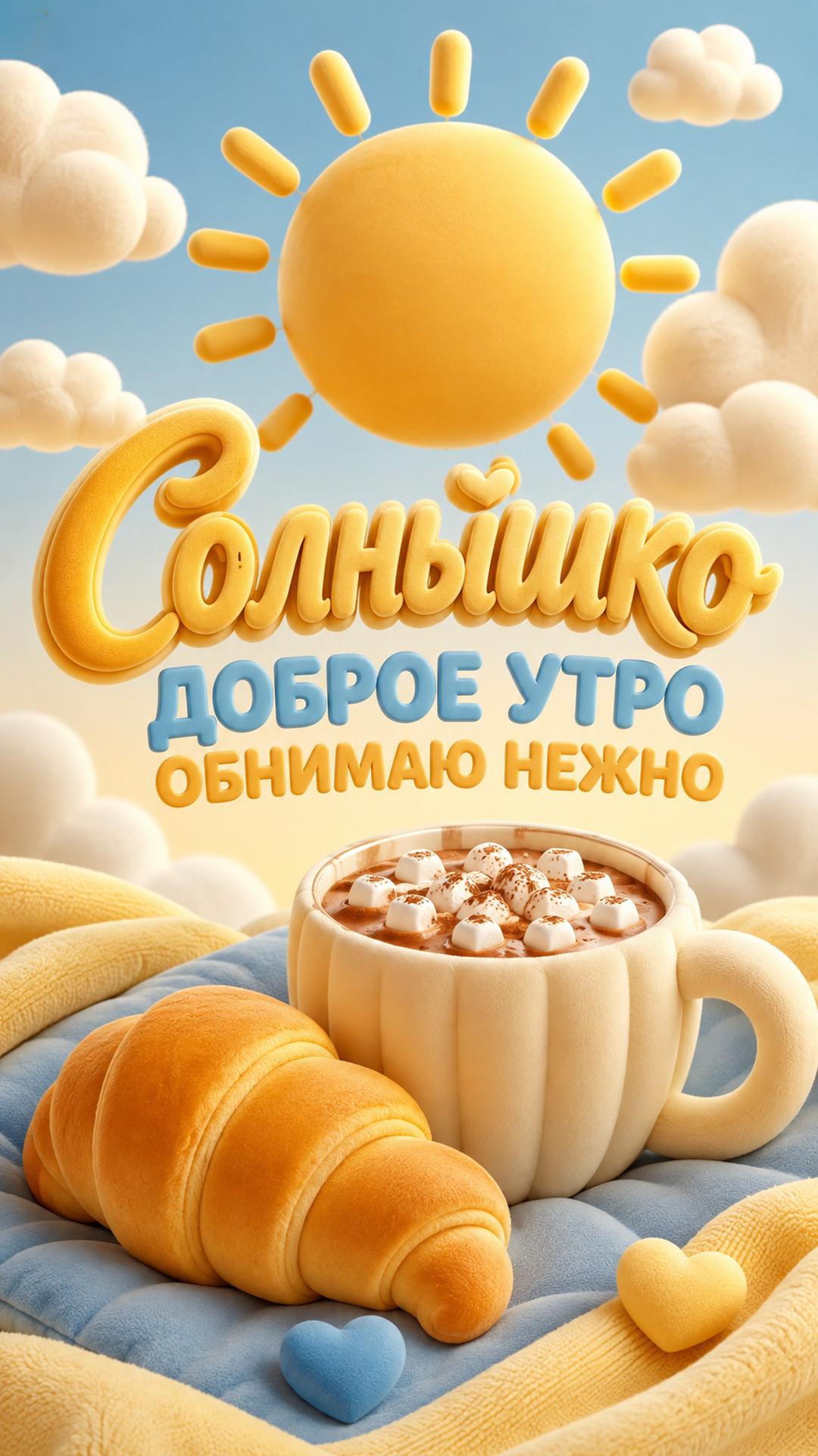 Открытка «Солнышко: Доброе утро»: пухлое солнце, облака, чашка какао и круассан. Текст: «Солнышко. Доброе утро. Обнимаю нежно».