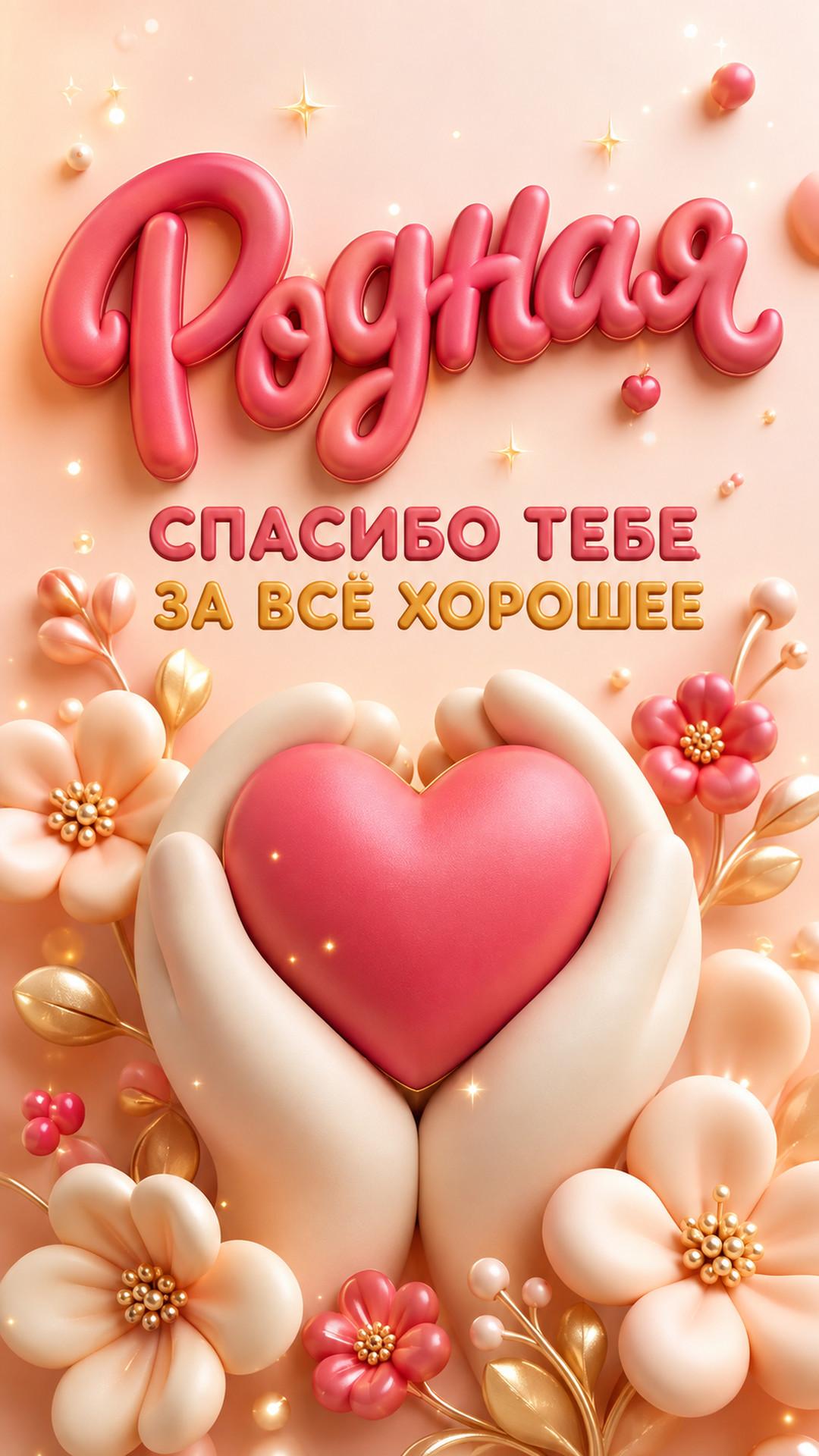 Открытка «Родная: Спасибо тебе»: две пухлые ладони, сердце, цветы и мягкие искры. Текст: «Родная. Спасибо тебе. За всё хорошее».