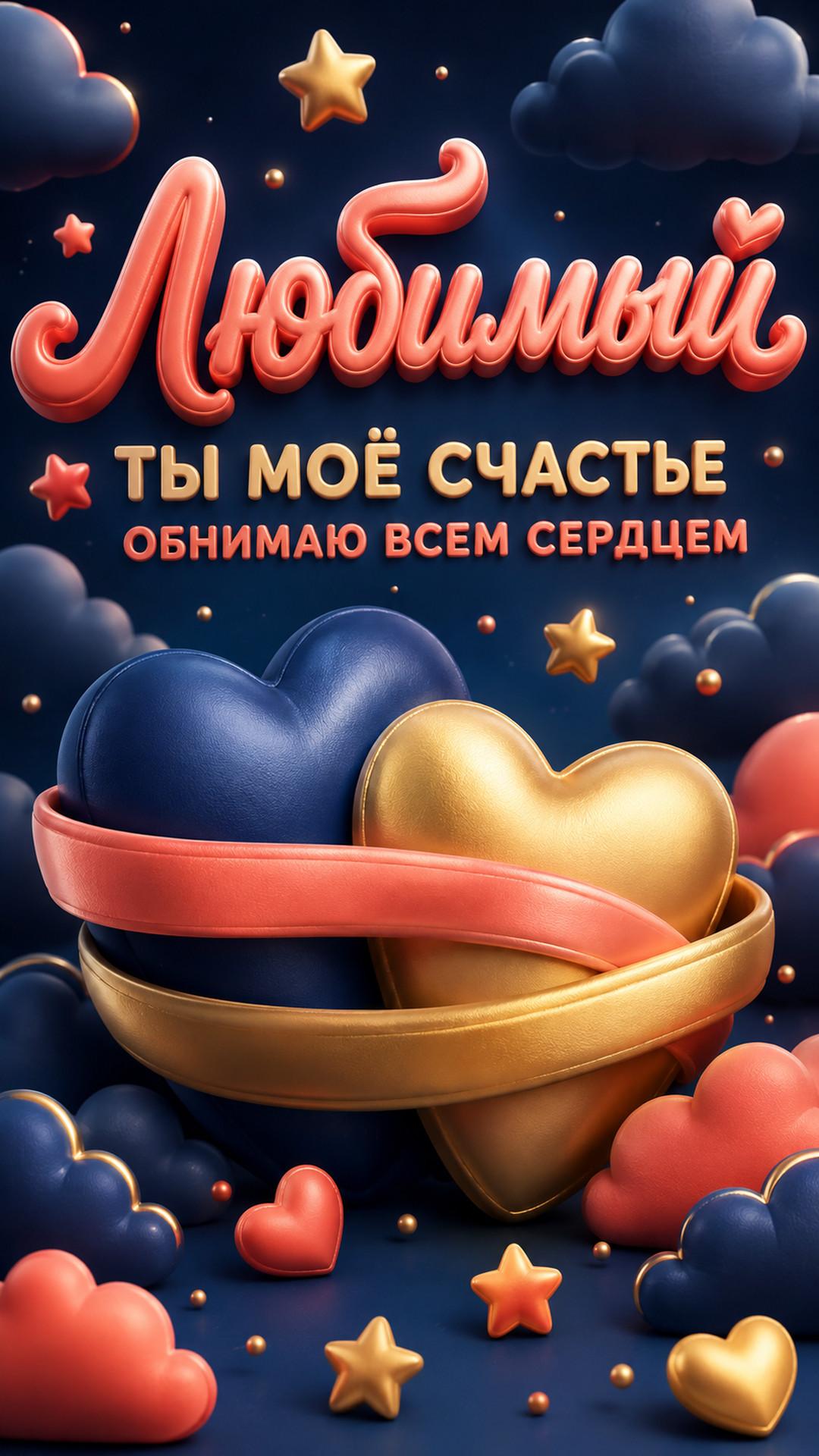 Открытка «Любимый: Ты моё счастье»: два надувных сердца, объятие лентами, облака и звёзды. Текст: «Любимый. Ты моё счастье. Обнимаю всем сердцем».
