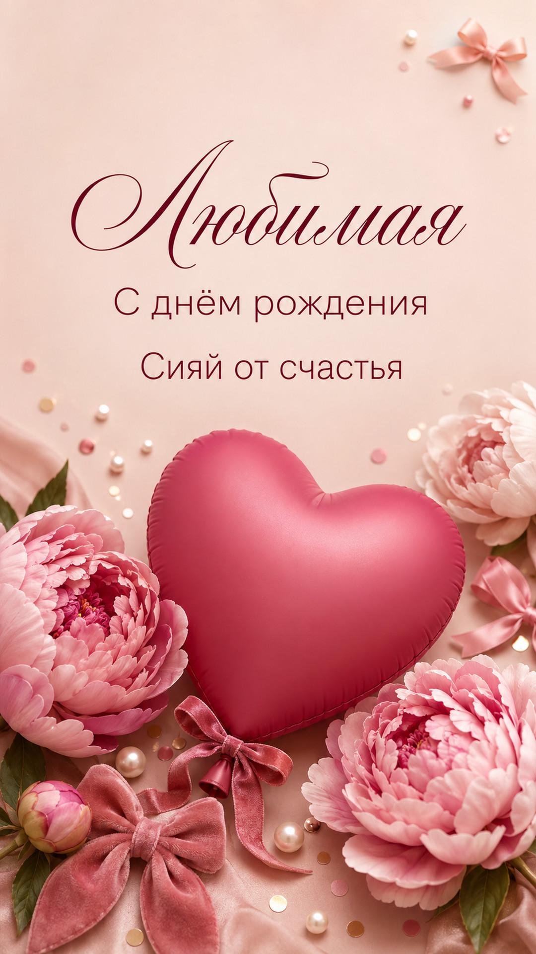 Открытка «Любимая: С днём рождения»: пухлое малиновое сердце, пионы, банты, жемчуг и конфетти. Текст: «Любимая. С днём рождения. Сияй от счастья».