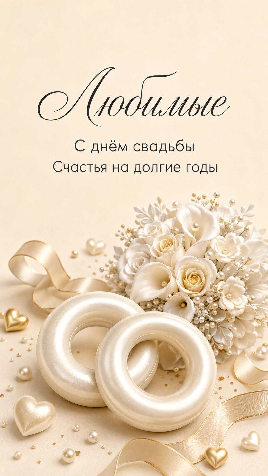 Открытка «Любимые: С днём свадьбы»: пухлые жемчужные кольца, свадебный букет, ленты и маленькие сердца; без людей. Текст: «Любимые. С днём свадьбы. Счастья на долгие годы».