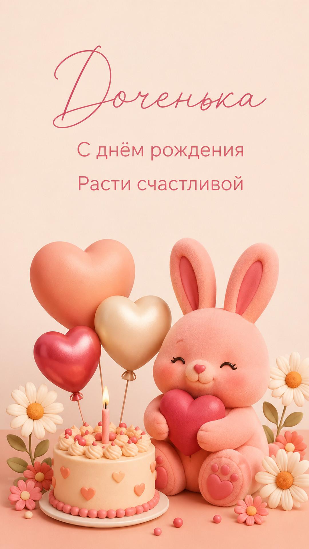 Открытка «Доченька: С днём рождения»: коралловый зайчик, торт, сердечки и ромашки. Текст: «Доченька. С днём рождения. Расти счастливой».